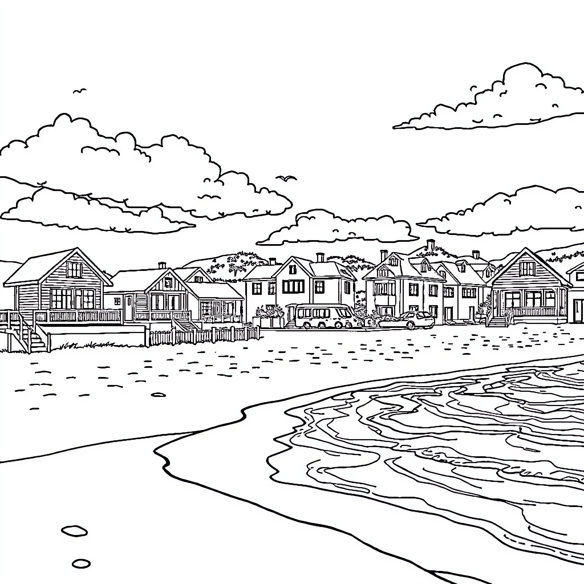 Beach Town with Quaint Seaside Homes Coloring Page (free black-and-white line drawing printable PDF for all, from beginners to advanced learners, including children, teens, adults, and seniors)