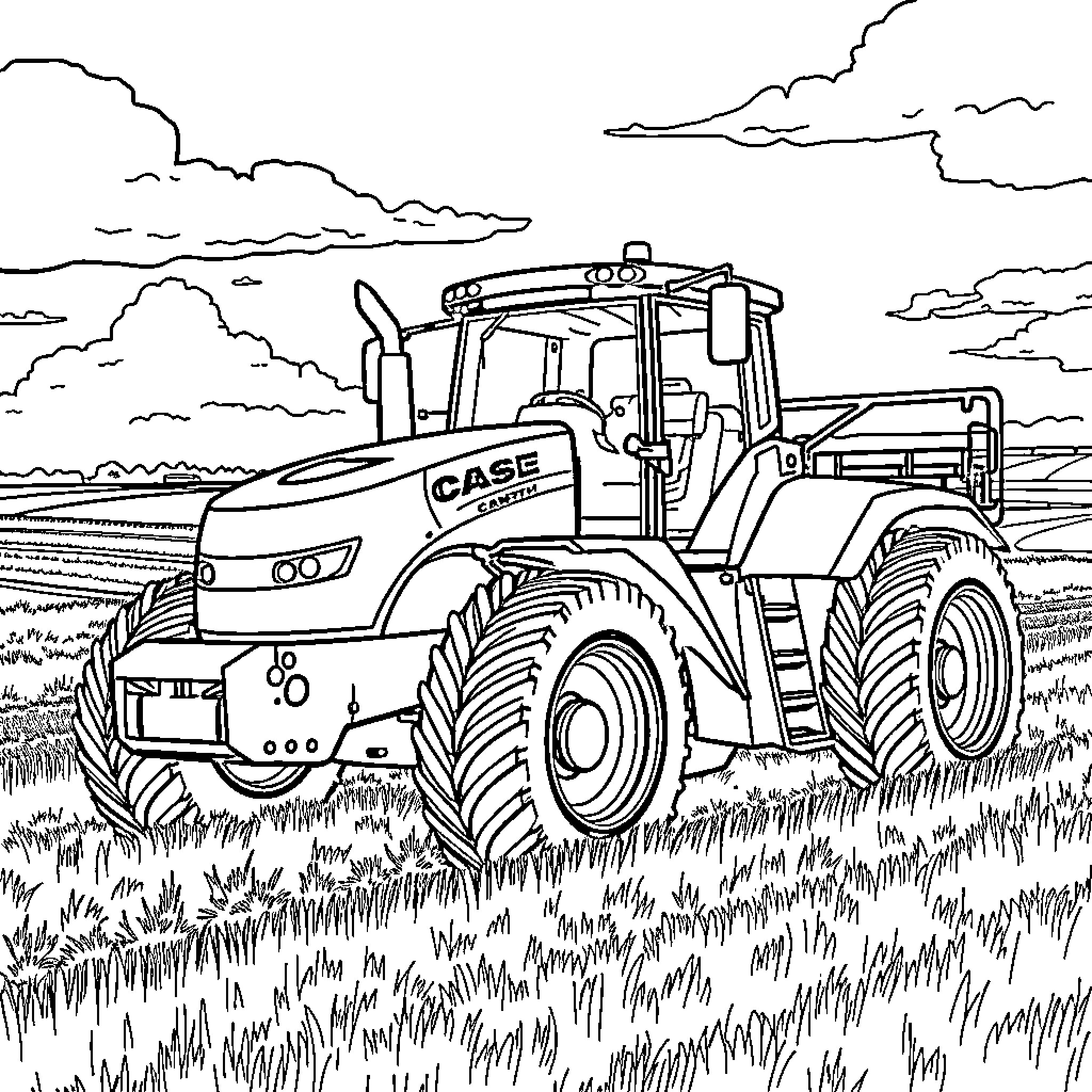 Tractor plowing through the countryside field Coloring Page (free black-and-white line drawing printable PDF for all, from beginners to advanced learners, including children, teens, adults, and seniors)