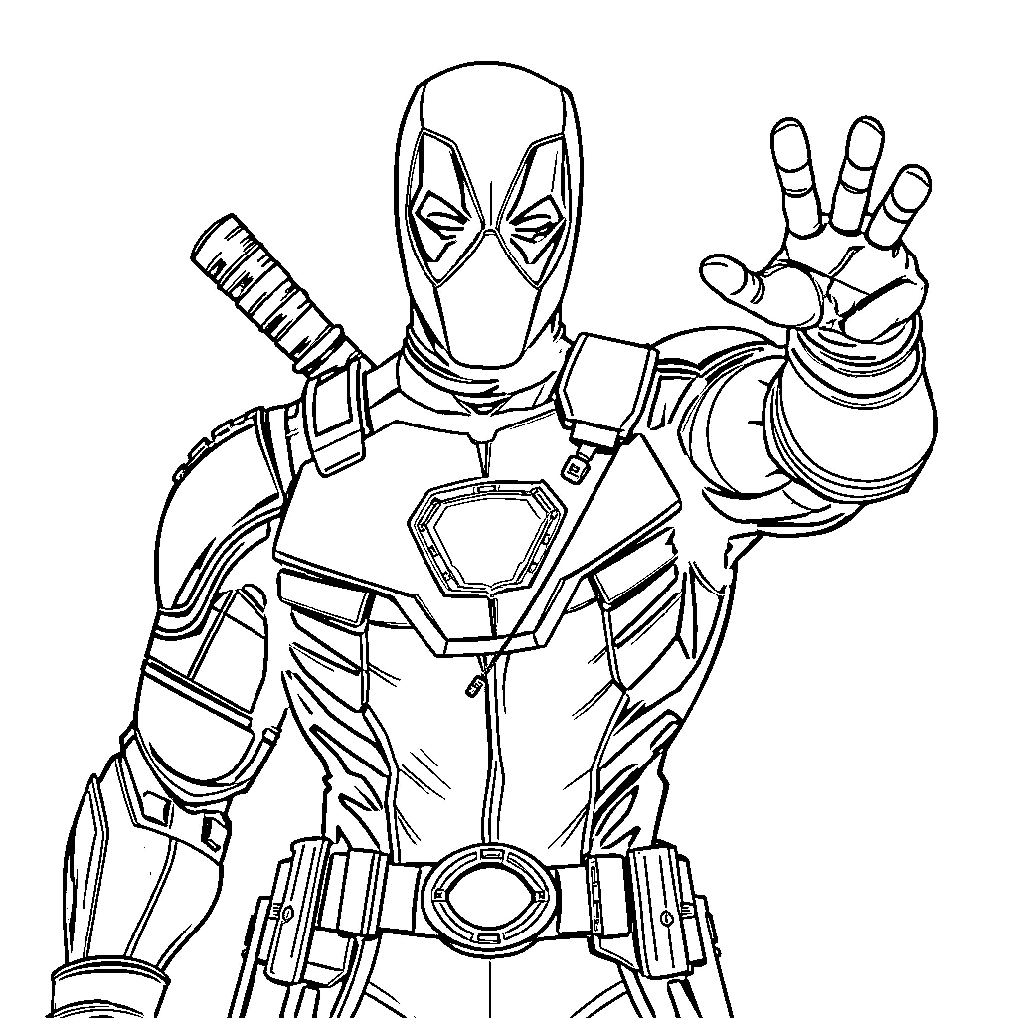 Deadpool in heroic pose with weaponry Coloring Page (free black-and-white line drawing printable PDF for all, from beginners to advanced learners, including children, teens, adults, and seniors)