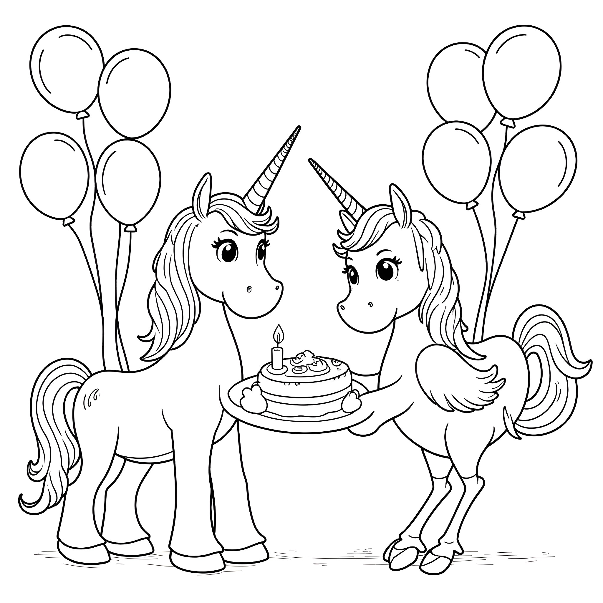 Unicorn siblings celebrating birthday with cake and balloons Coloring Page (free black-and-white line drawing printable PDF for all, from beginners to advanced learners, including children, teens, adults, and seniors)