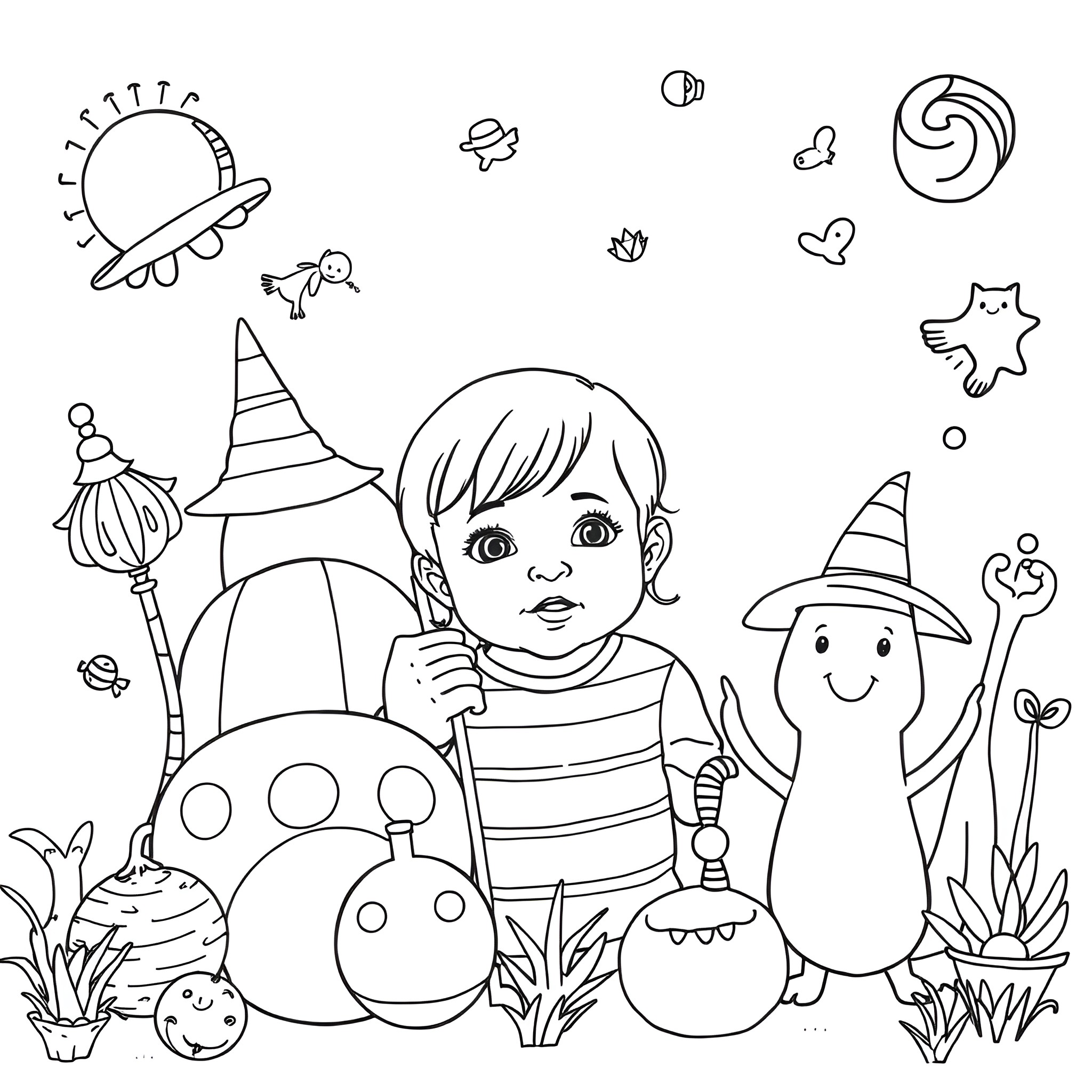 Baby Girl Playing with Toys and Magical Characters Coloring Page (free black-and-white line drawing printable PDF for all, from beginners to advanced learners, including children, teens, adults, and seniors)