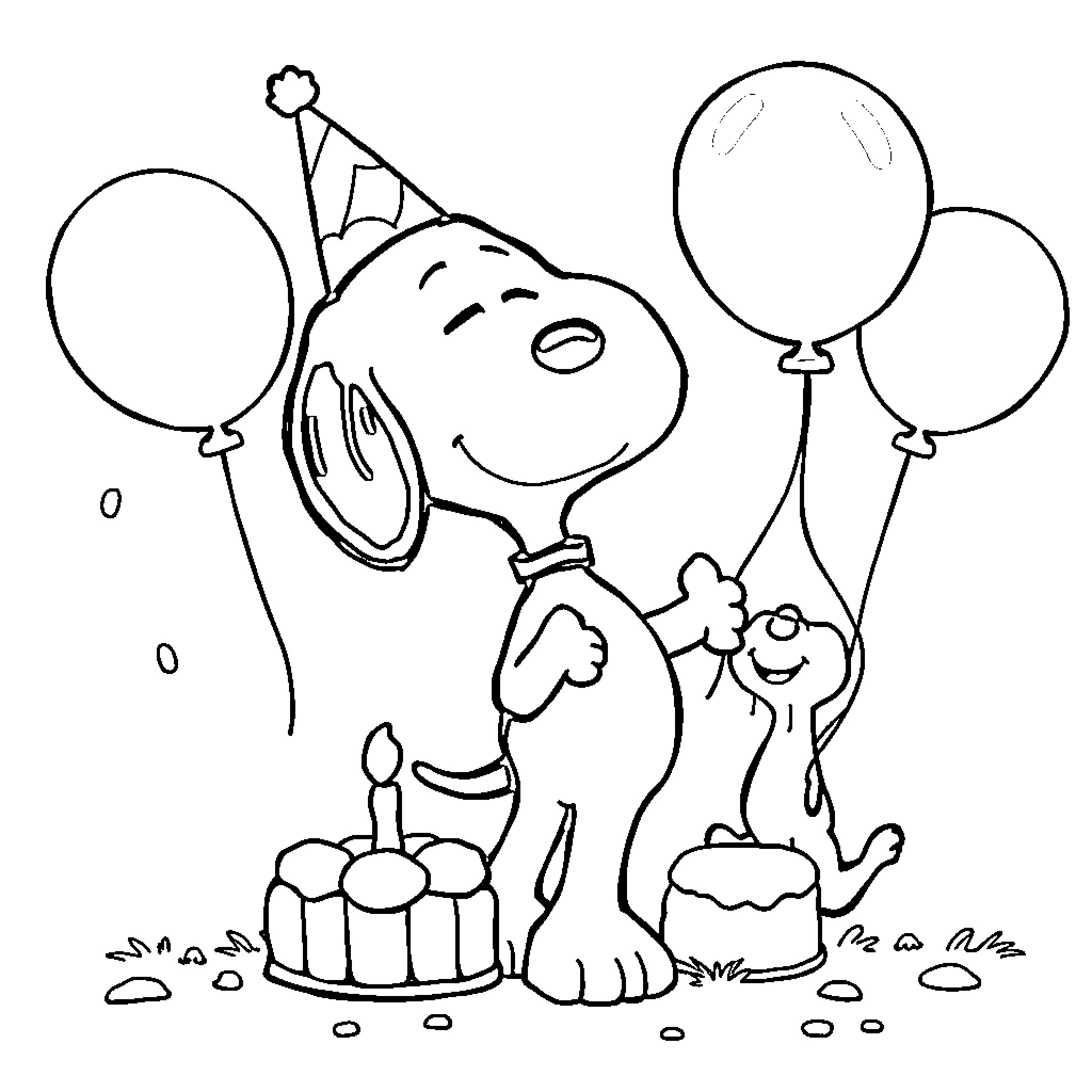 Snoopy's Birthday Party with Balloons Coloring Page (free black-and-white line drawing printable PDF for all, from beginners to advanced learners, including children, teens, adults, and seniors)