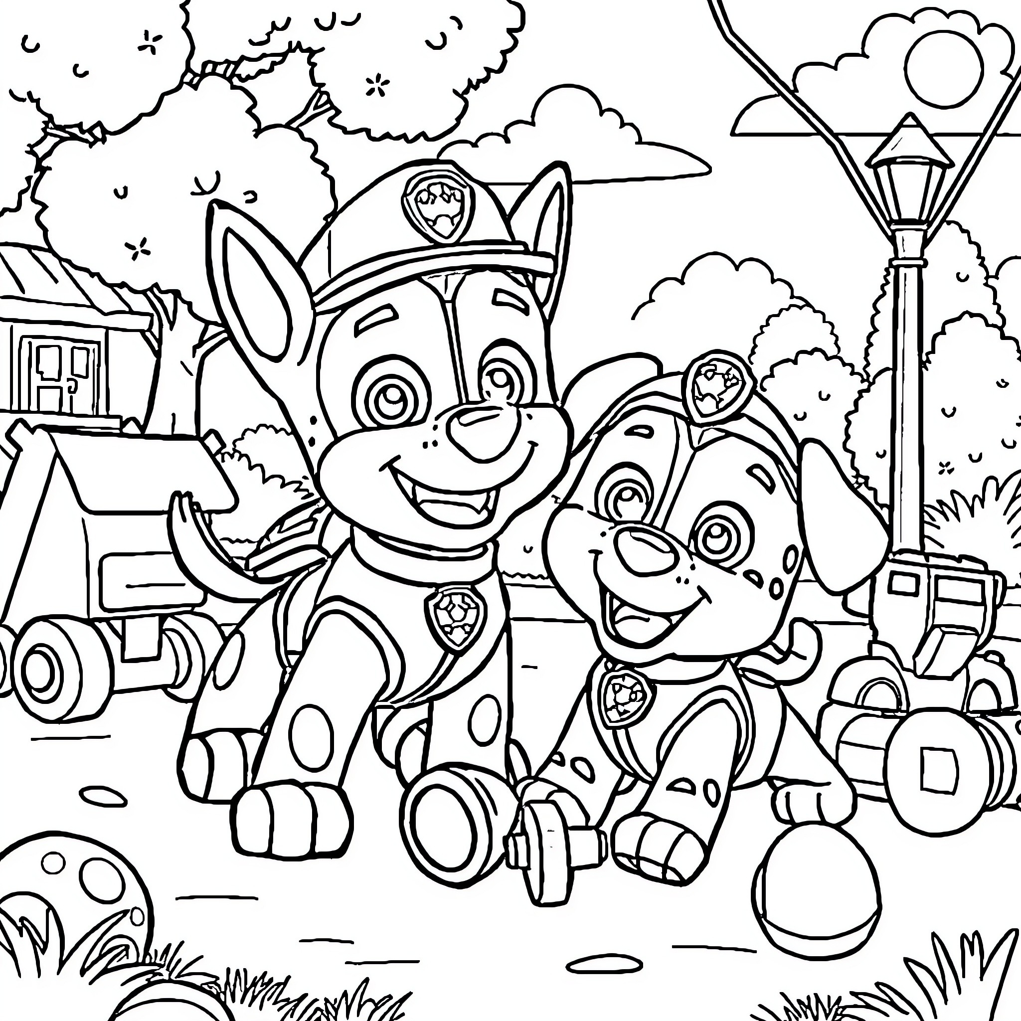 Chase the Paw Patrol Pups in Action Coloring Page (free black-and-white line drawing printable PDF for all, from beginners to advanced learners, including children, teens, adults, and seniors)