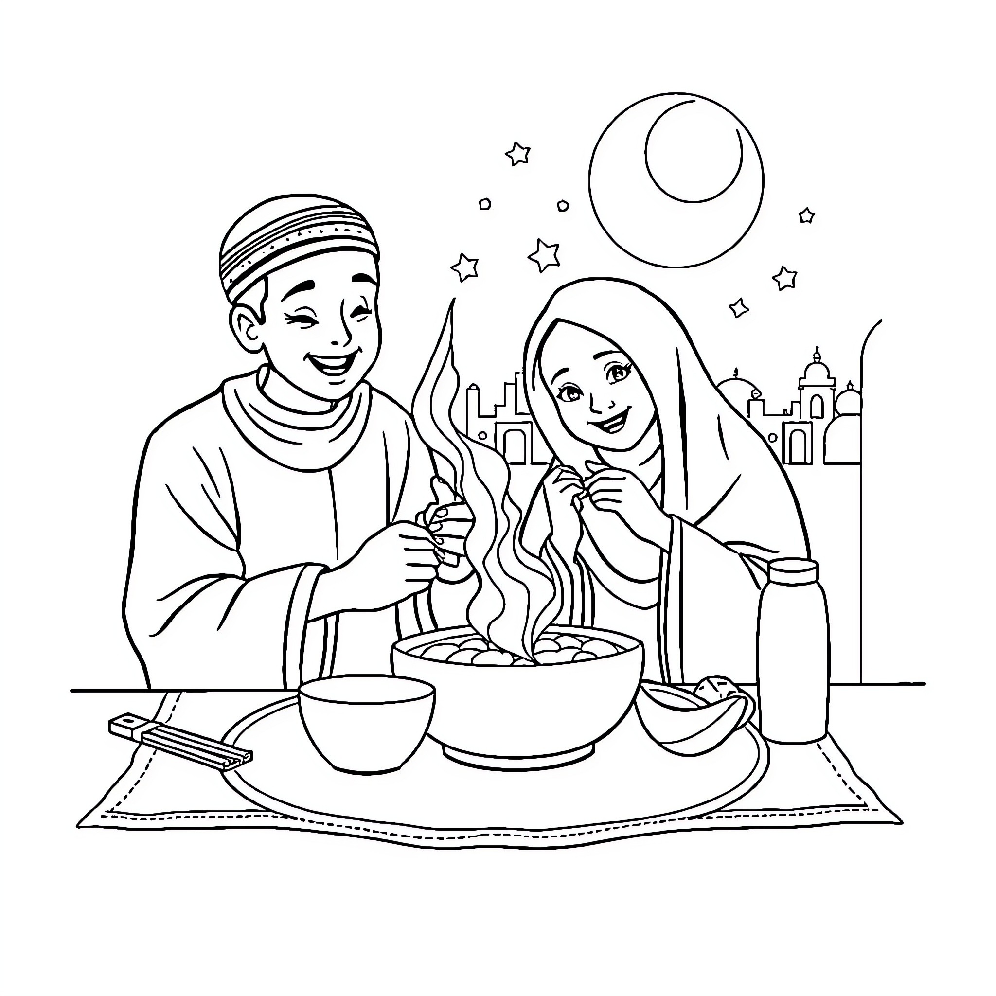 Tung Tung Couple Enjoying a Meal Together Coloring Page (free black-and-white line drawing printable PDF for all, from beginners to advanced learners, including children, teens, adults, and seniors)