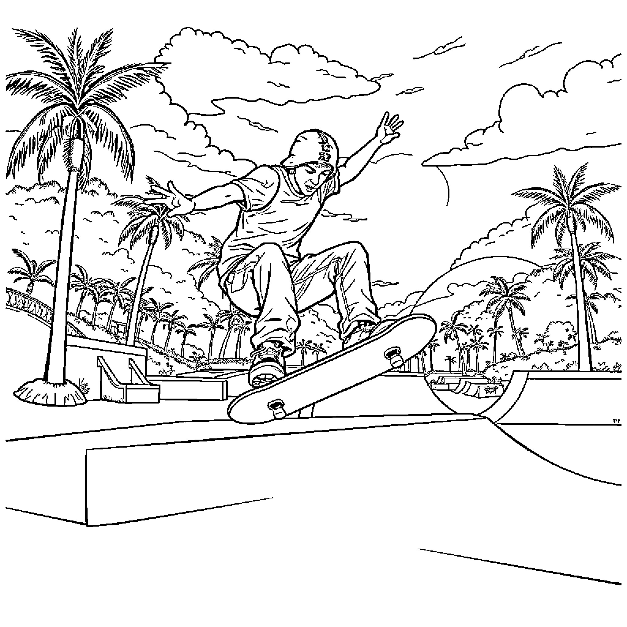 Tony Hawk performing skateboarding stunts in tropical paradise Coloring Page (free black-and-white line drawing printable PDF for all, from beginners to advanced learners, including children, teens, adults, and seniors)