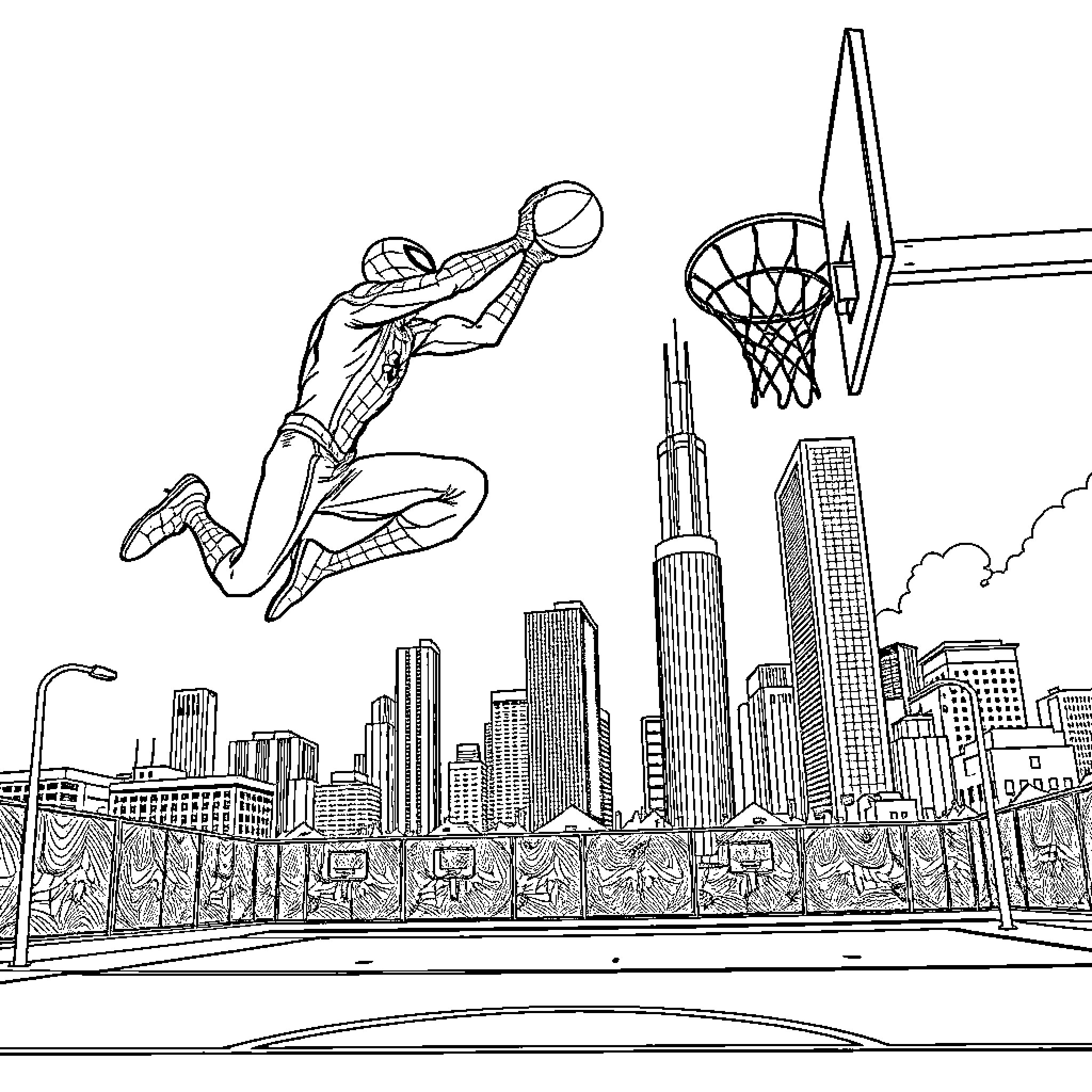 Spider-Man swinging through the city skyline Coloring Page (free black-and-white line drawing printable PDF for all, from beginners to advanced learners, including children, teens, adults, and seniors)