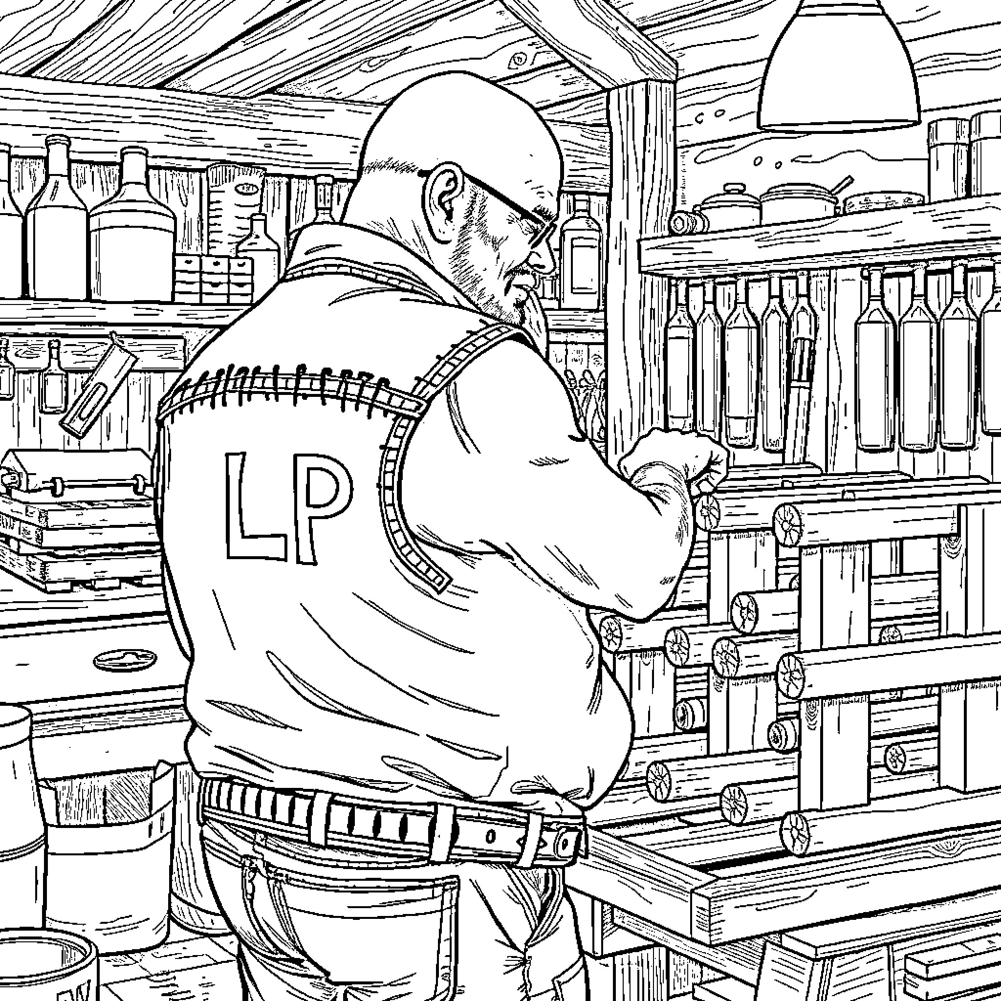 Guy working diligently in the cluttered storage room Coloring Page (free black-and-white line drawing printable PDF for all, from beginners to advanced learners, including children, teens, adults, and seniors)