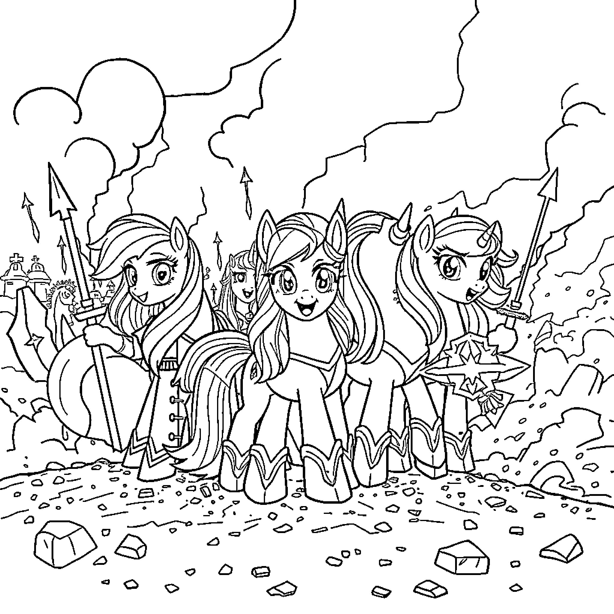 Pony warriors in fantasy adventure scene Coloring Page (free black-and-white line drawing printable PDF for all, from beginners to advanced learners, including children, teens, adults, and seniors)