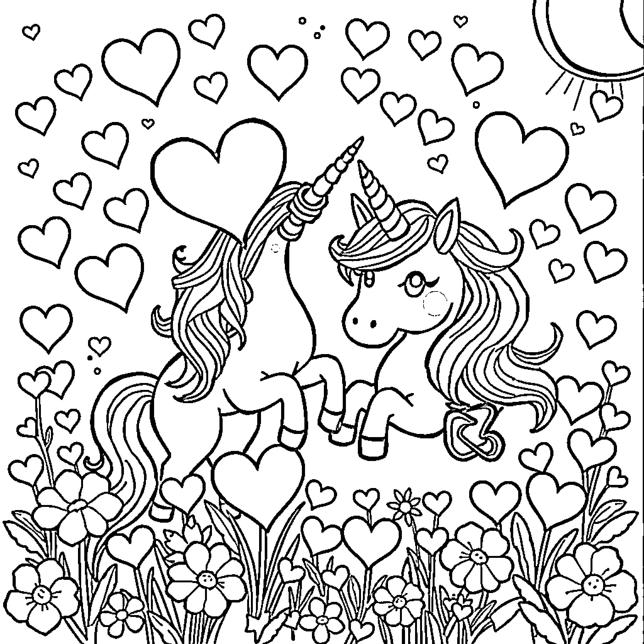 Heart-Filled Magical Unicorn Adventure Coloring Page (free black-and-white line drawing printable PDF for all, from beginners to advanced learners, including children, teens, adults, and seniors)