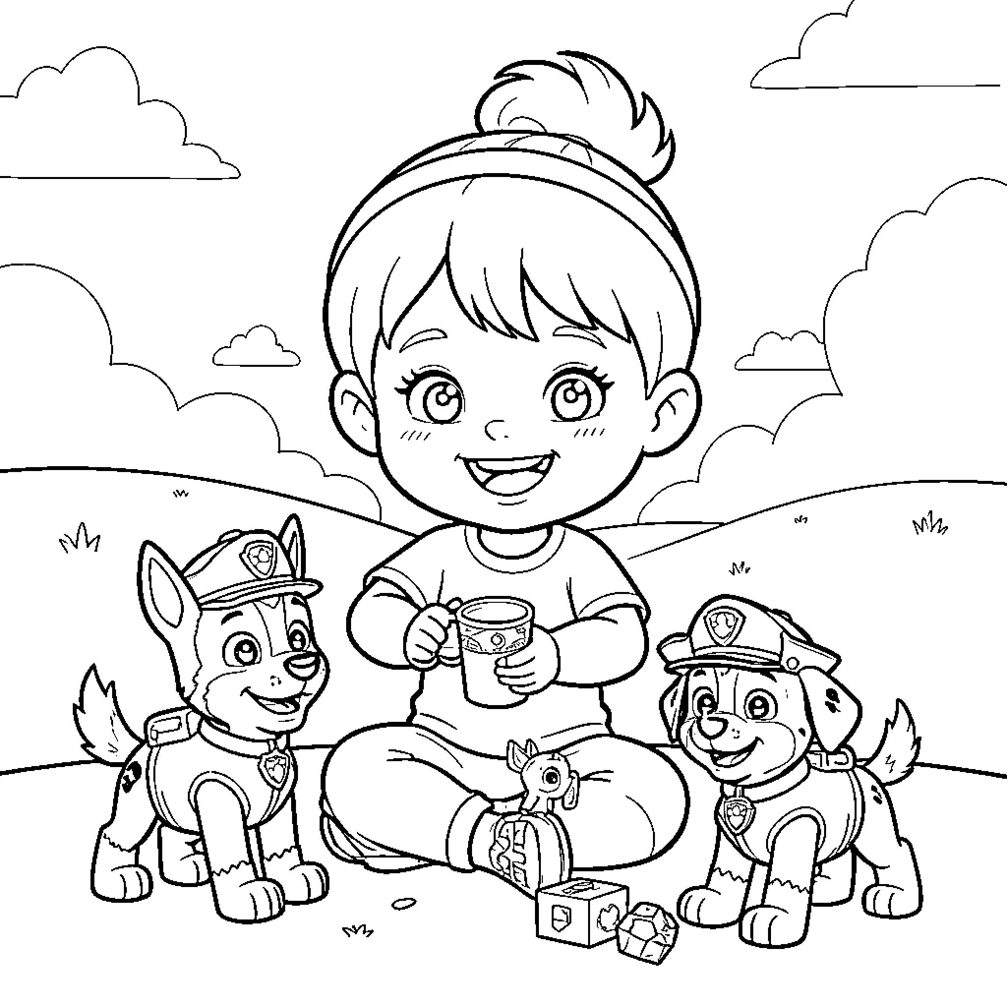 Kid playing with toy puppies in the park Coloring Page (free black-and-white line drawing printable PDF for all, from beginners to advanced learners, including children, teens, adults, and seniors)