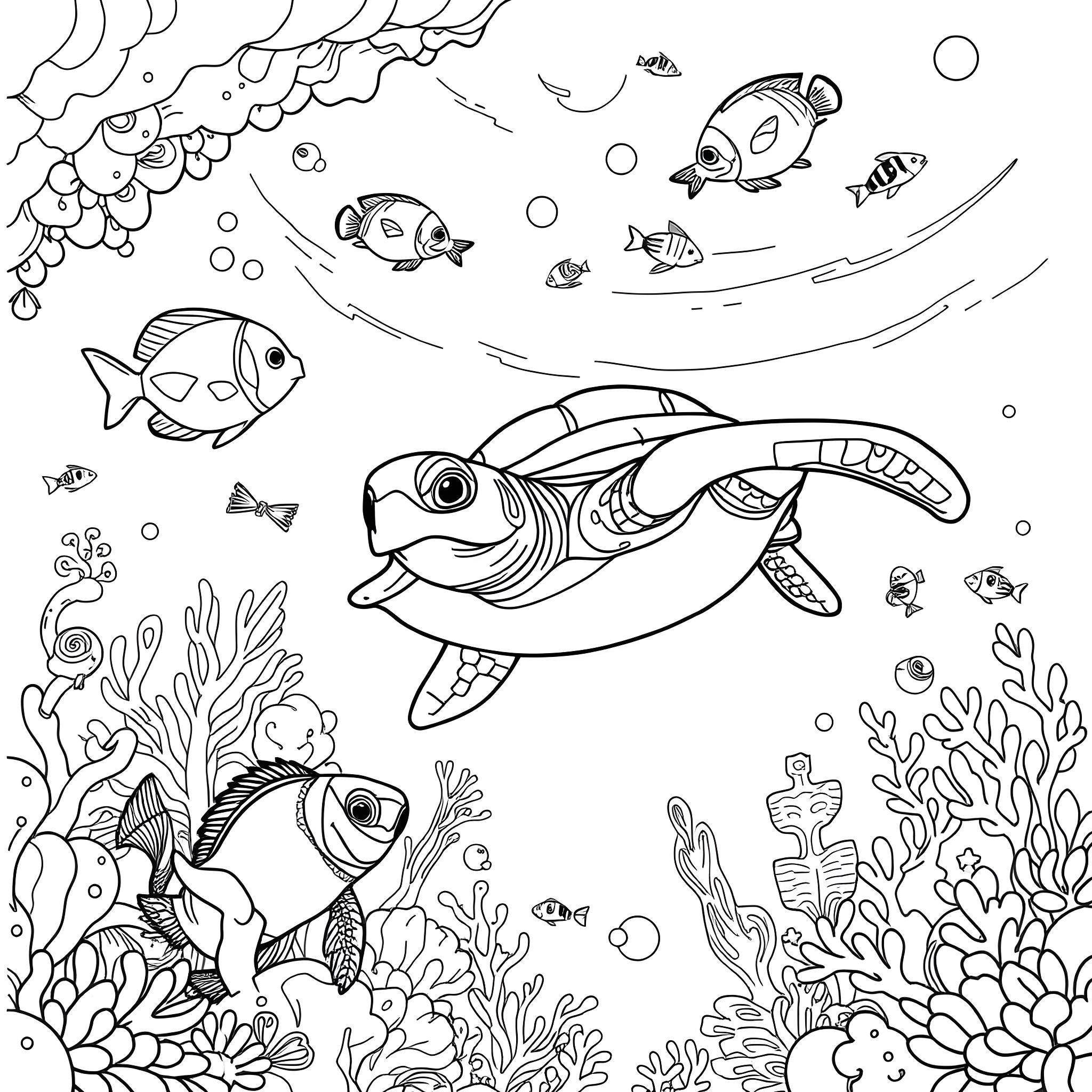Nemo and his fishy friends exploring the underwater world Coloring Page (free black-and-white line drawing printable PDF for all, from beginners to advanced learners, including children, teens, adults, and seniors)