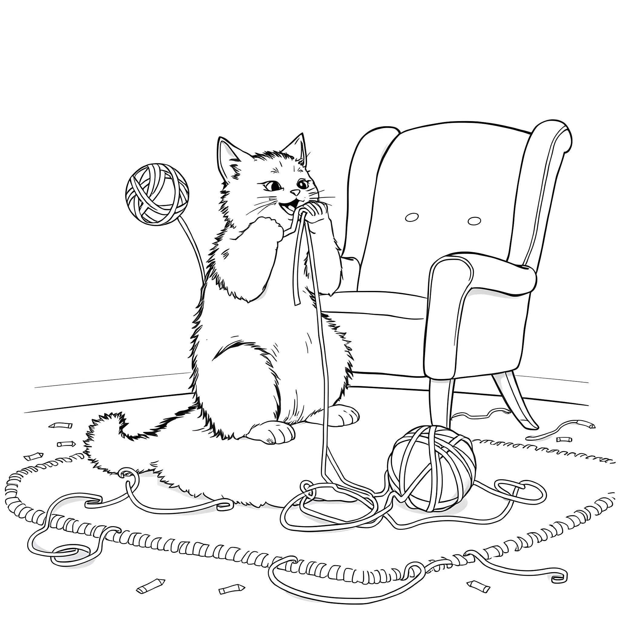 Cat playing with yarn on a messy living room floor Coloring Page (free black-and-white line drawing printable PDF for all, from beginners to advanced learners, including children, teens, adults, and seniors)