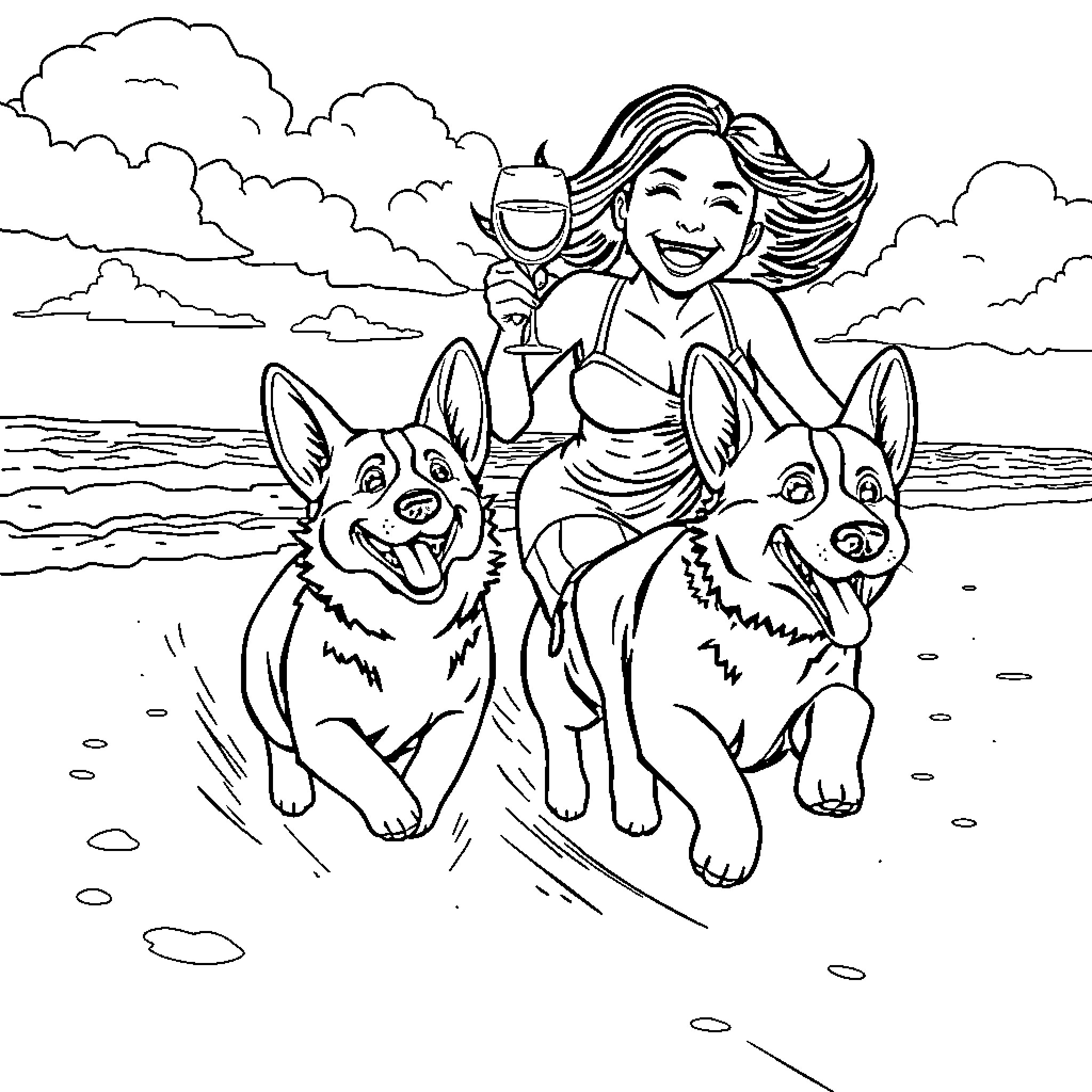 Corgi companions enjoying beach outing with owner Coloring Page (free black-and-white line drawing printable PDF for all, from beginners to advanced learners, including children, teens, adults, and seniors)