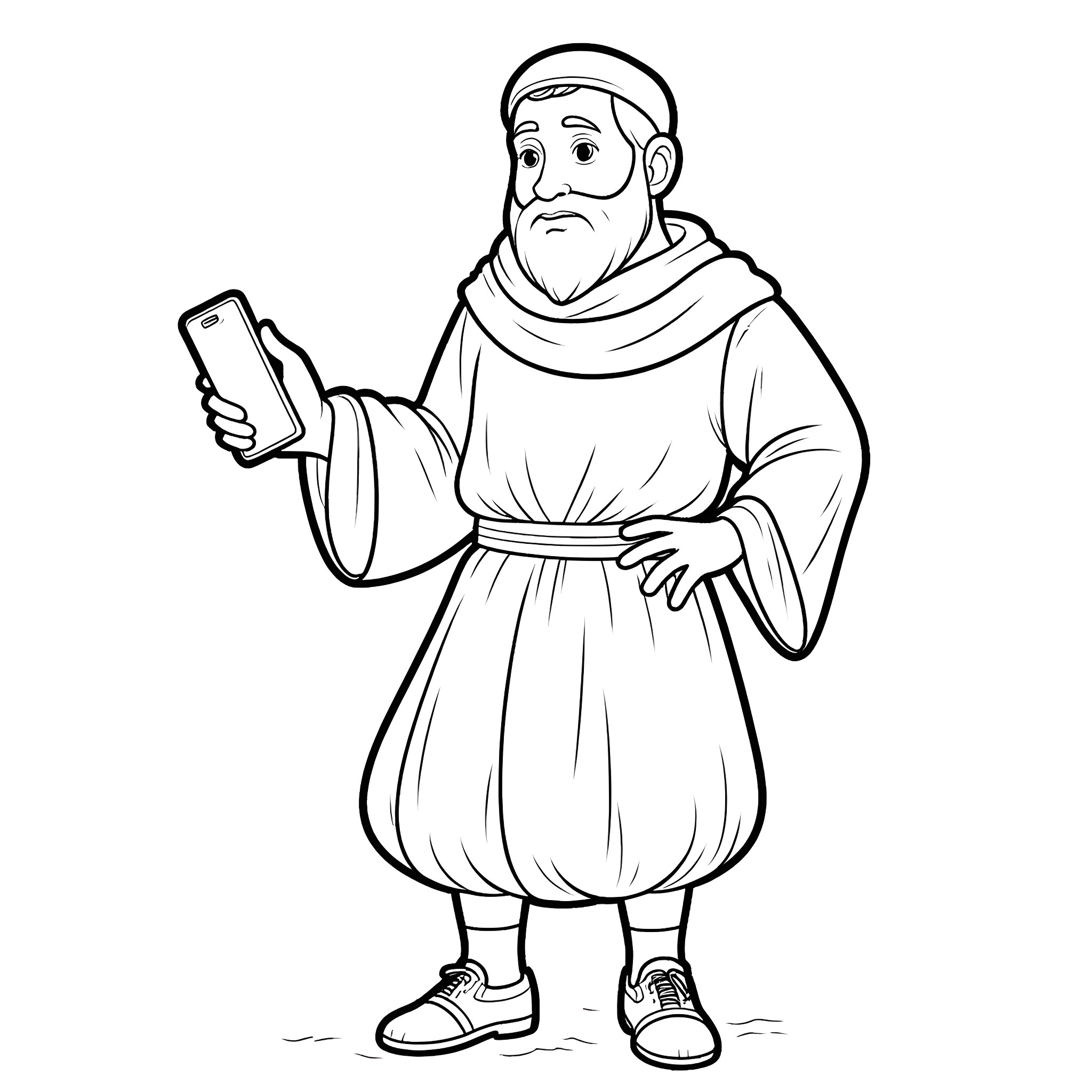 Peasant with mobile phone in traditional robes Coloring Page (free black-and-white line drawing printable PDF for all, from beginners to advanced learners, including children, teens, adults, and seniors)