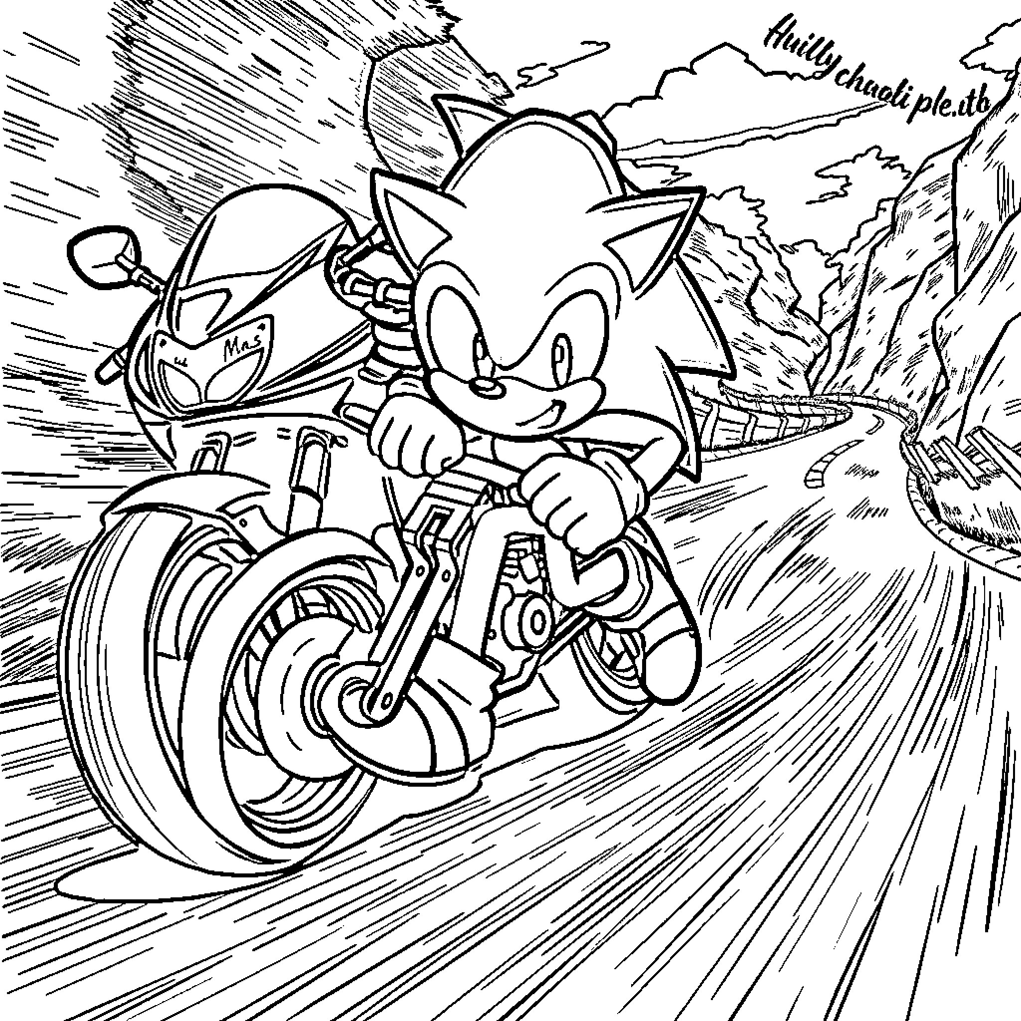 Sonic speeding on a motorcycle through a dramatic landscape Coloring Page (free black-and-white line drawing printable PDF for all, from beginners to advanced learners, including children, teens, adults, and seniors)