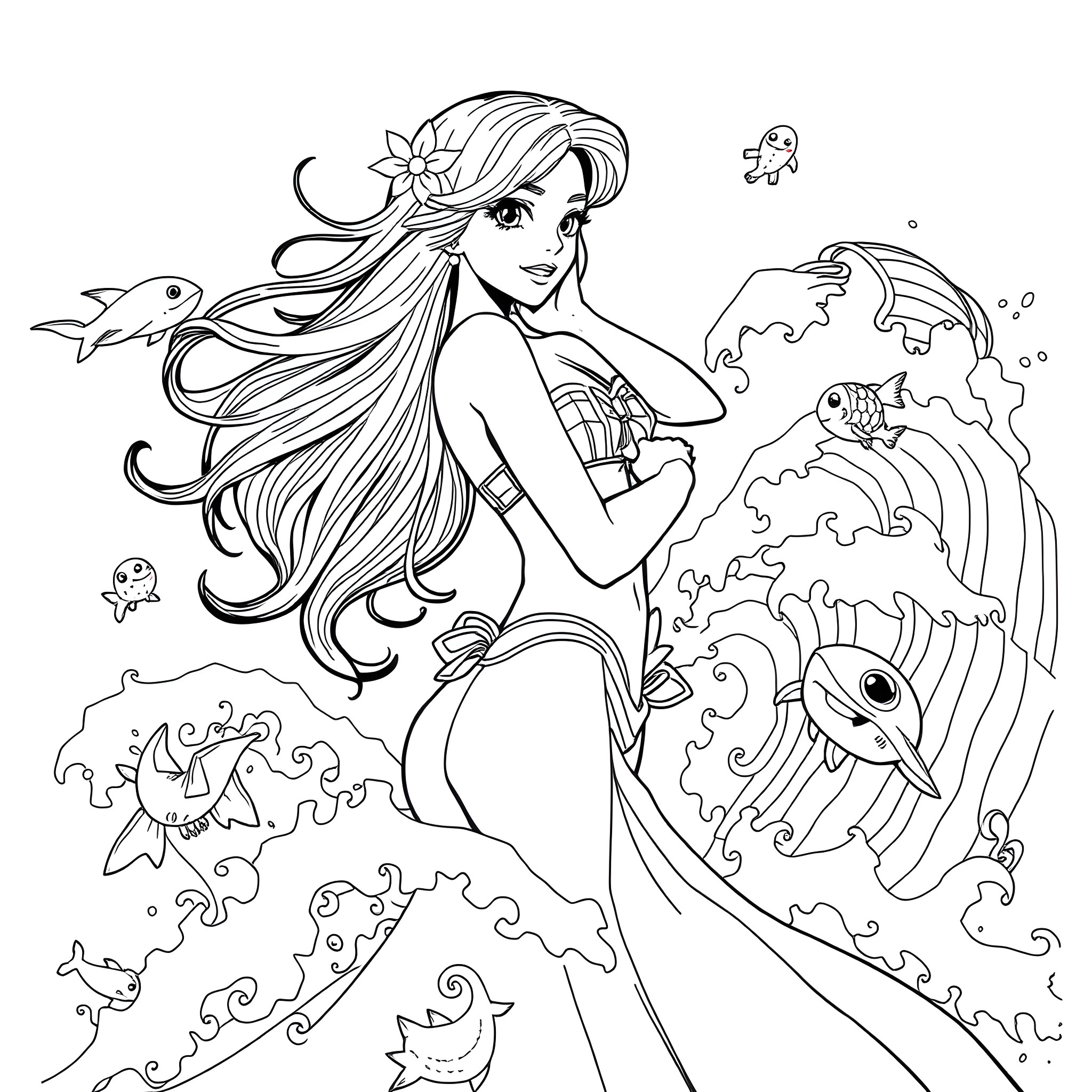 Nami swimming gracefully among aquatic creatures Coloring Page (free black-and-white line drawing printable PDF for all, from beginners to advanced learners, including children, teens, adults, and seniors)