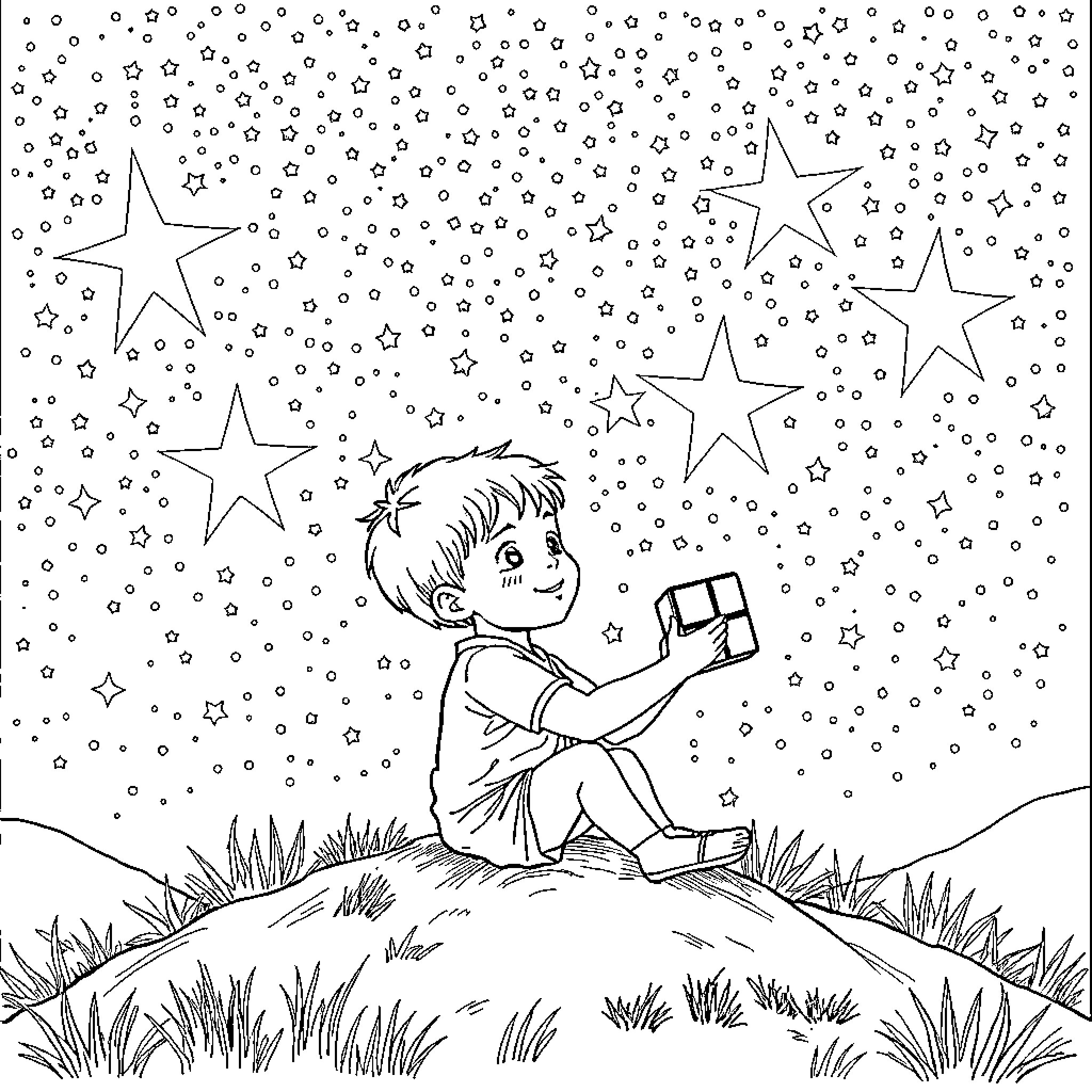 Niño observing the starry night sky Coloring Page (free black-and-white line drawing printable PDF for all, from beginners to advanced learners, including children, teens, adults, and seniors)