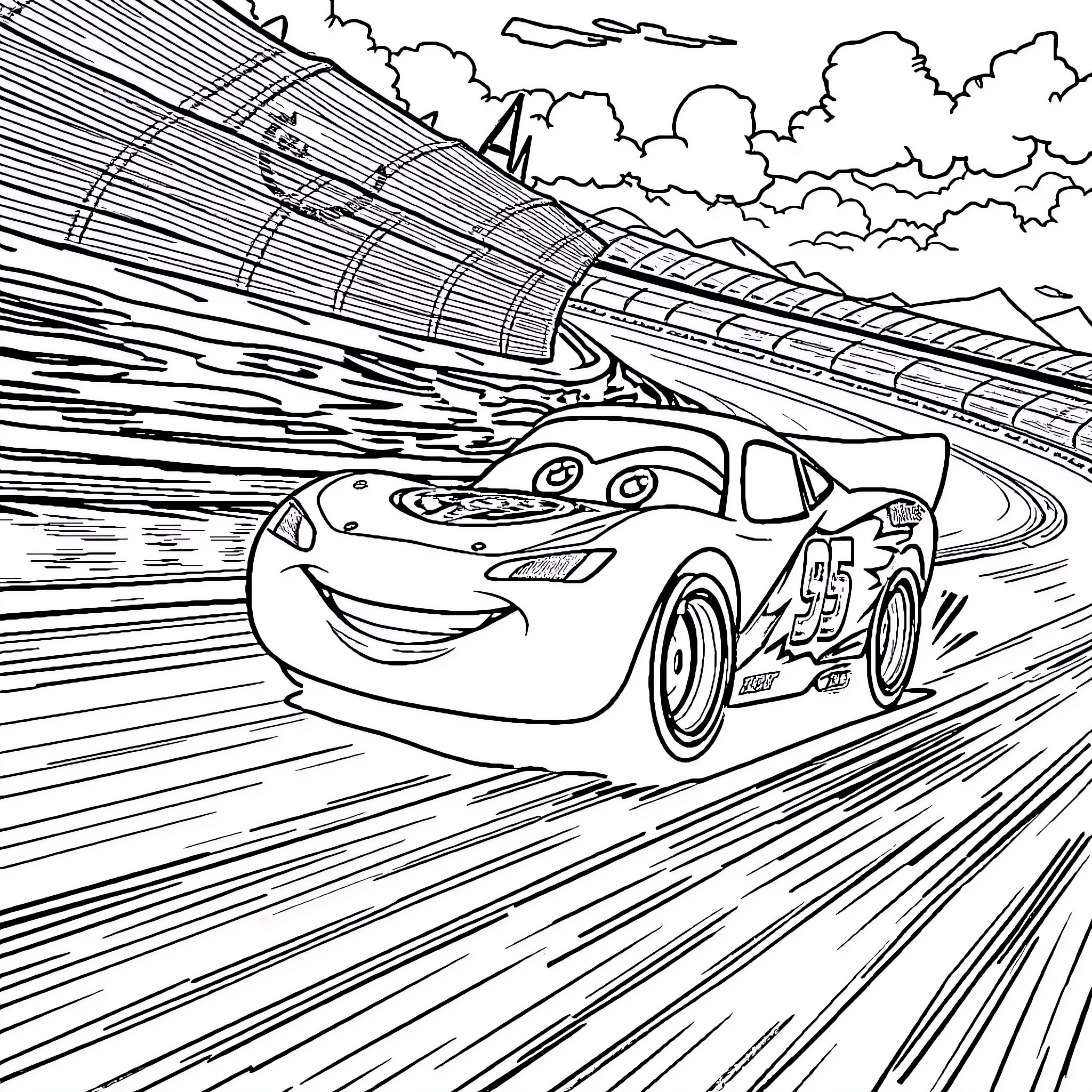 McQueen's Thrilling Race on the Speedway Coloring Page (free black-and-white line drawing printable PDF for all, from beginners to advanced learners, including children, teens, adults, and seniors)