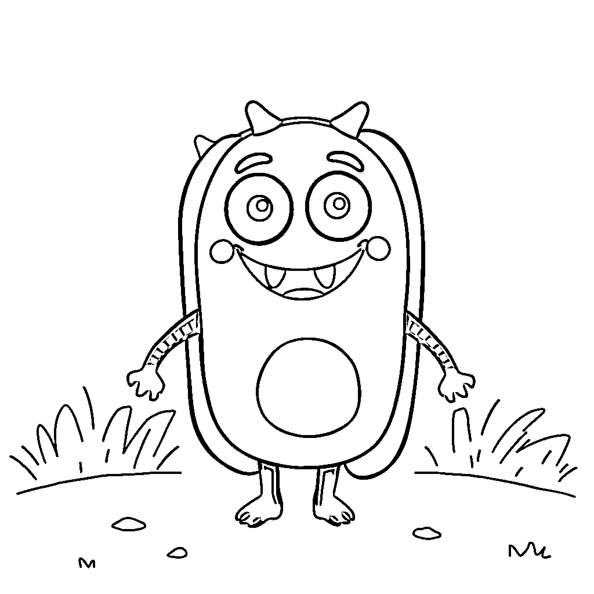 Hotdog monster jumping with joyful expression Coloring Page (free black-and-white line drawing printable PDF for all, from beginners to advanced learners, including children, teens, adults, and seniors)