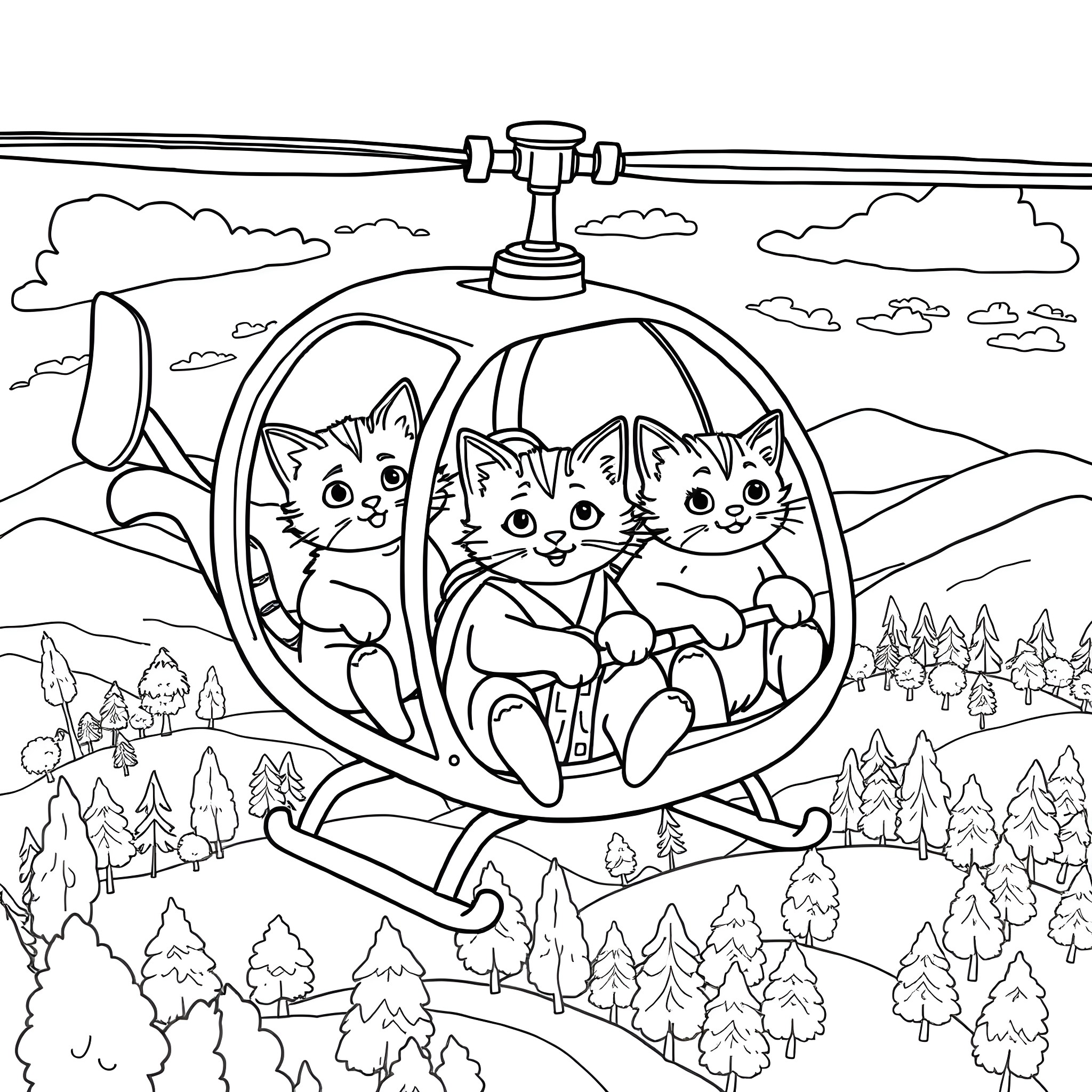 Cat Kittens Riding in Helicopter Over Scenic Landscape Coloring Page (free black-and-white line drawing printable PDF for all, from beginners to advanced learners, including children, teens, adults, and seniors)