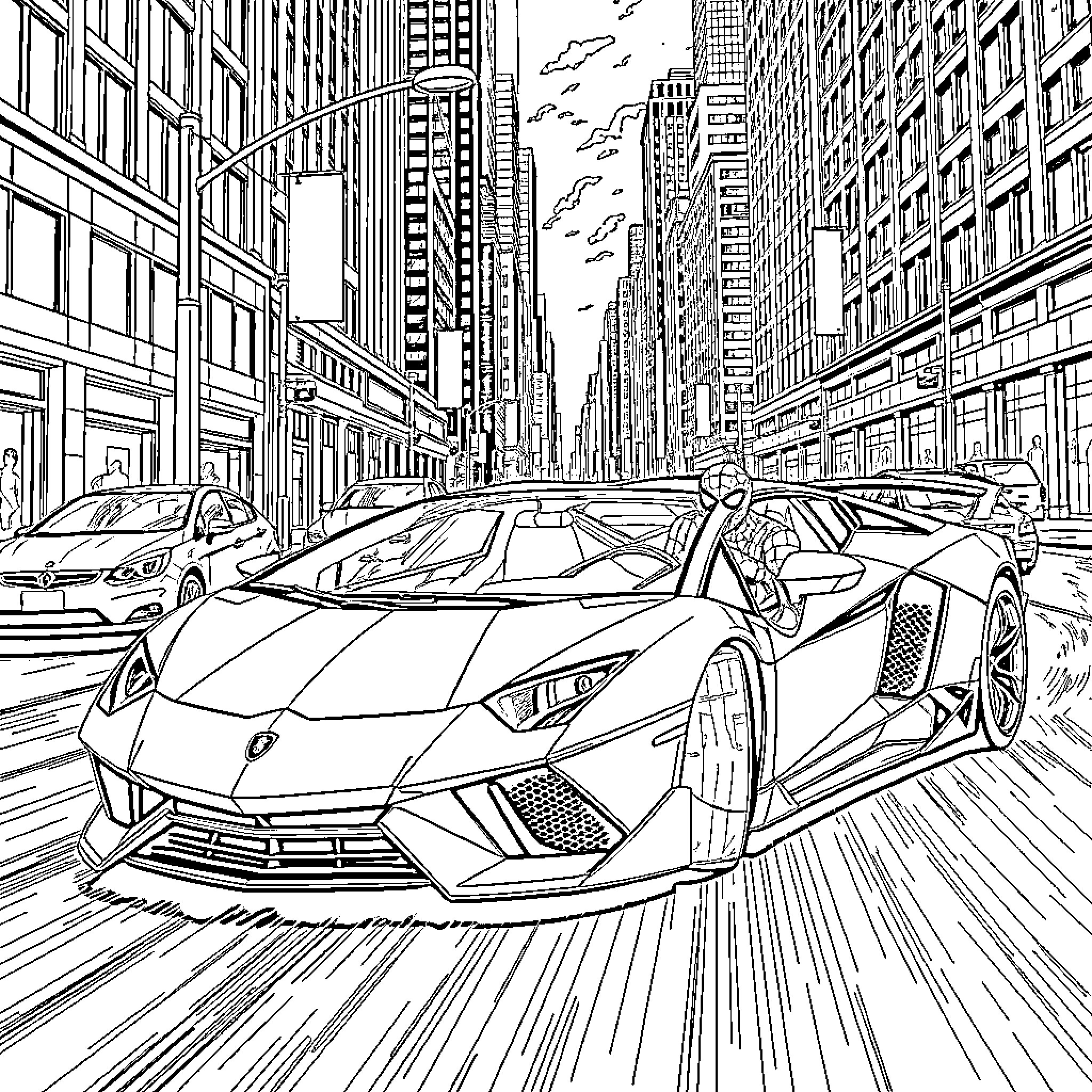 Spiderman swinging through a city of high-rise buildings Coloring Page (free black-and-white line drawing printable PDF for all, from beginners to advanced learners, including children, teens, adults, and seniors)
