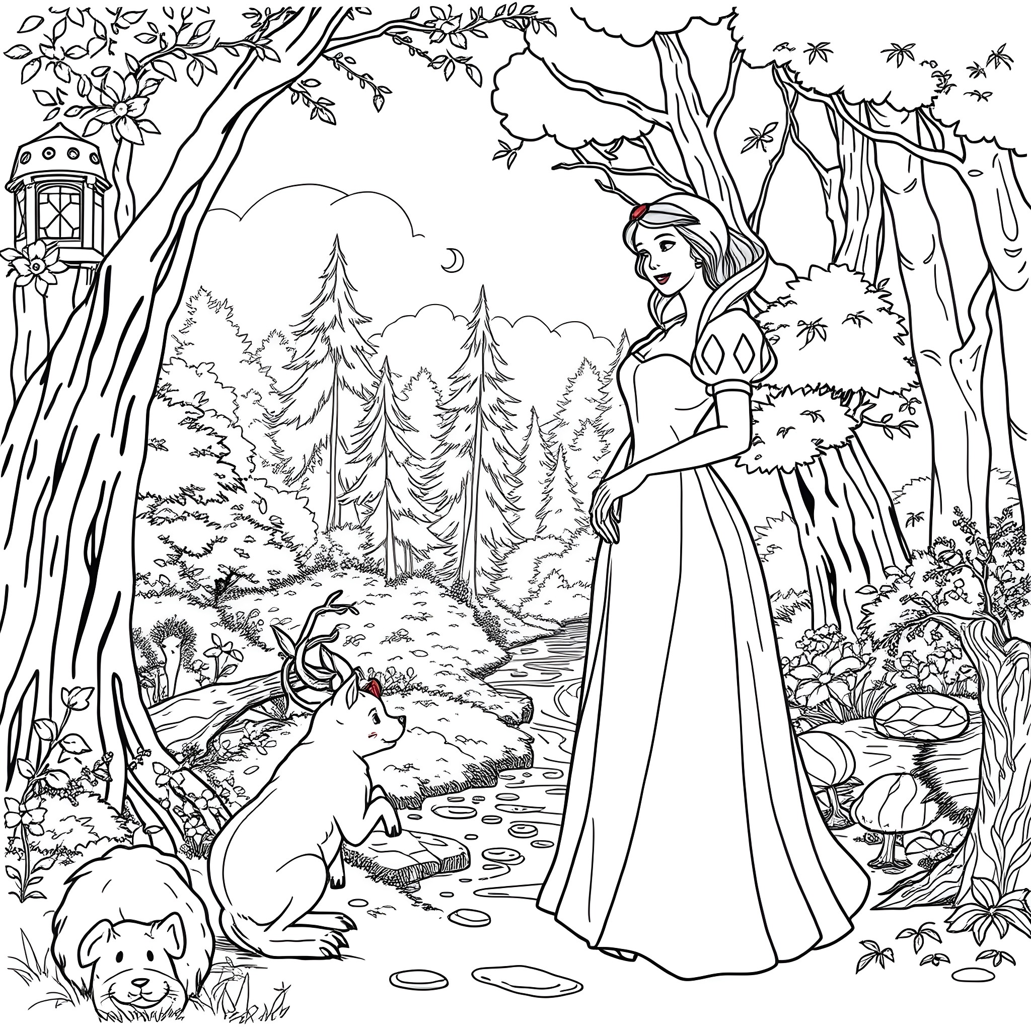 Snow White in a Magical Forest Surrounded by Wildlife Coloring Page (free black-and-white line drawing printable PDF for all, from beginners to advanced learners, including children, teens, adults, and seniors)