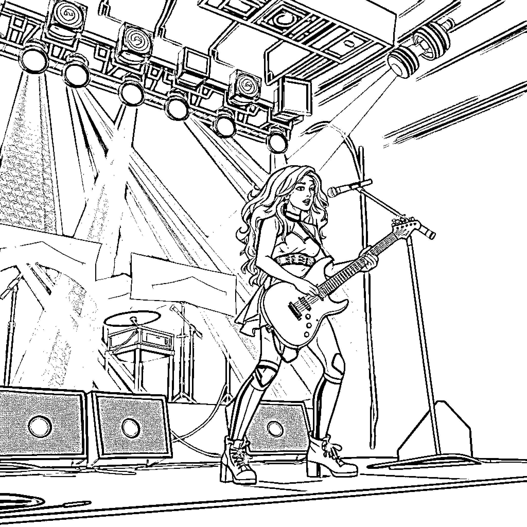 Blackpink Performing Energetic Rock Music on Stage Coloring Page (free black-and-white line drawing printable PDF for all, from beginners to advanced learners, including children, teens, adults, and seniors)
