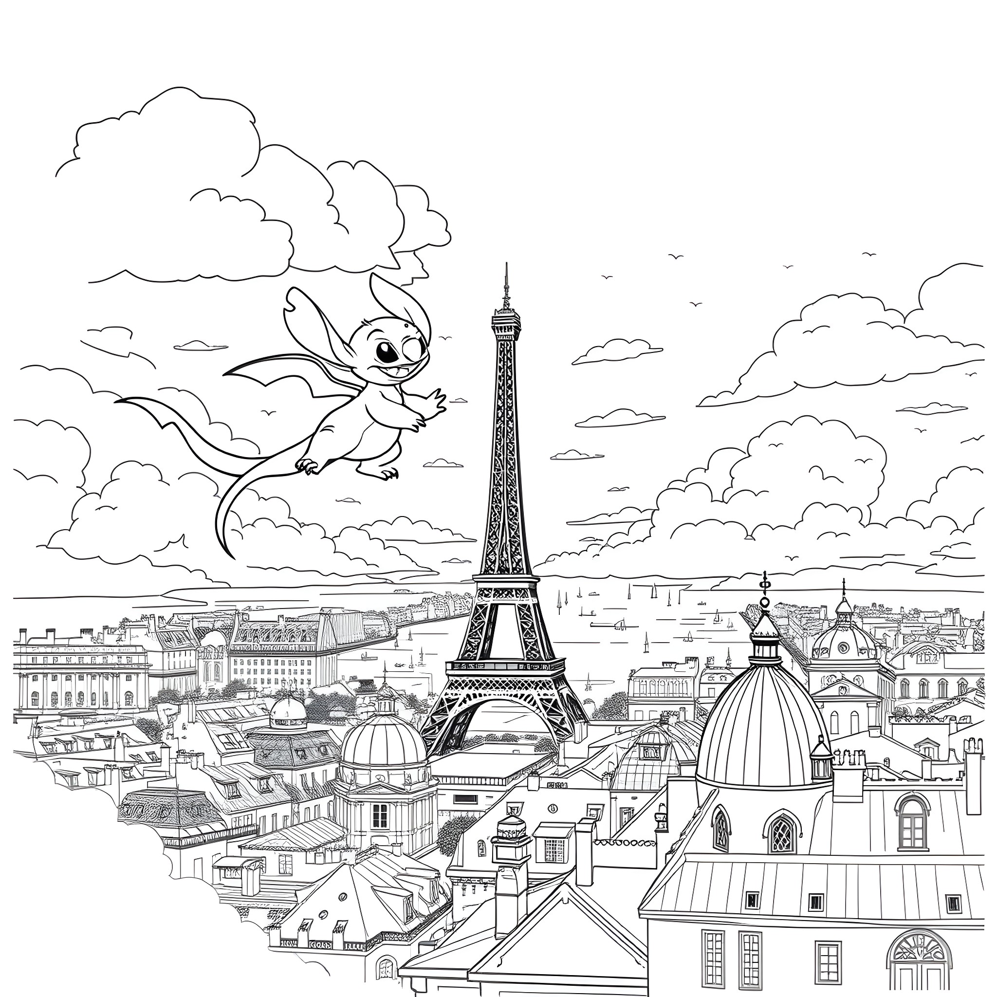 Lilo exploring the charming Parisian cityscape Coloring Page (free black-and-white line drawing printable PDF for all, from beginners to advanced learners, including children, teens, adults, and seniors)