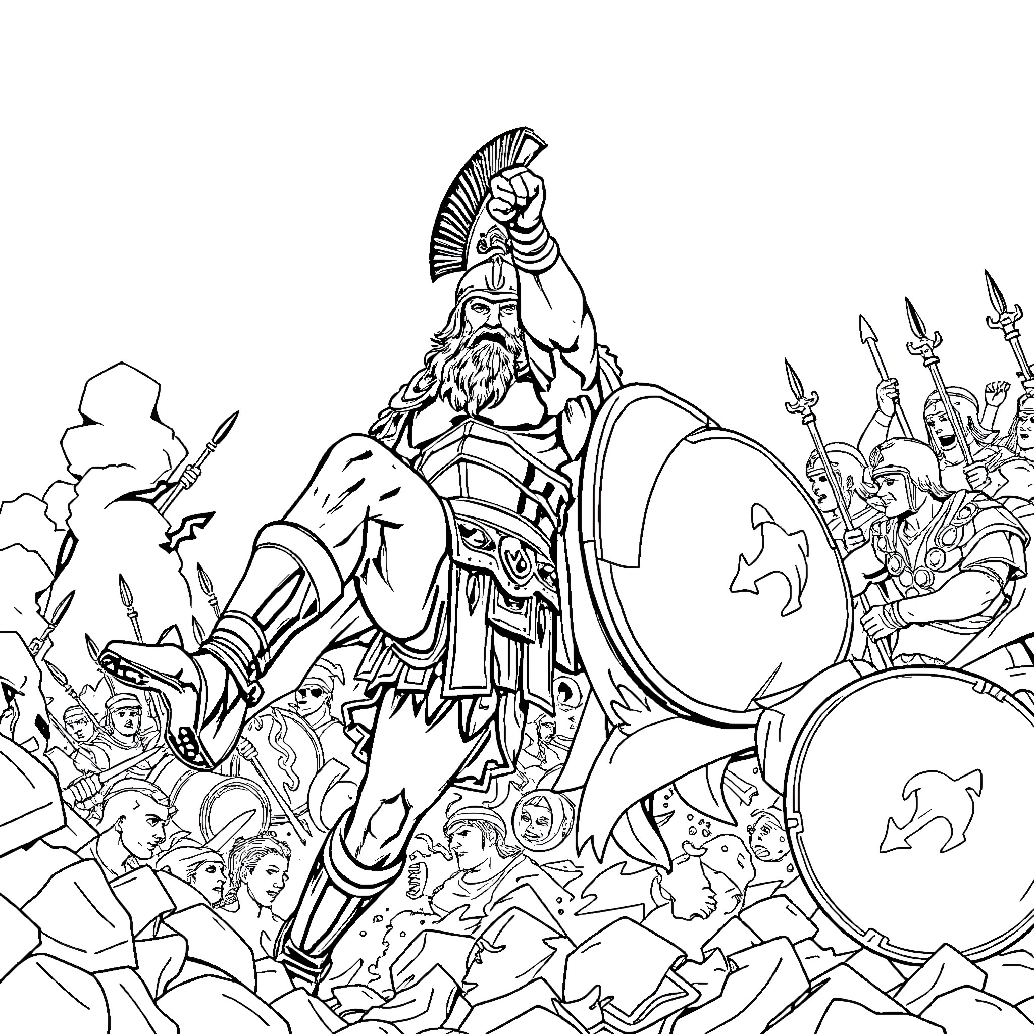 Leonidas leading Spartan warriors into epic battle Coloring Page (free black-and-white line drawing printable PDF for all, from beginners to advanced learners, including children, teens, adults, and seniors)