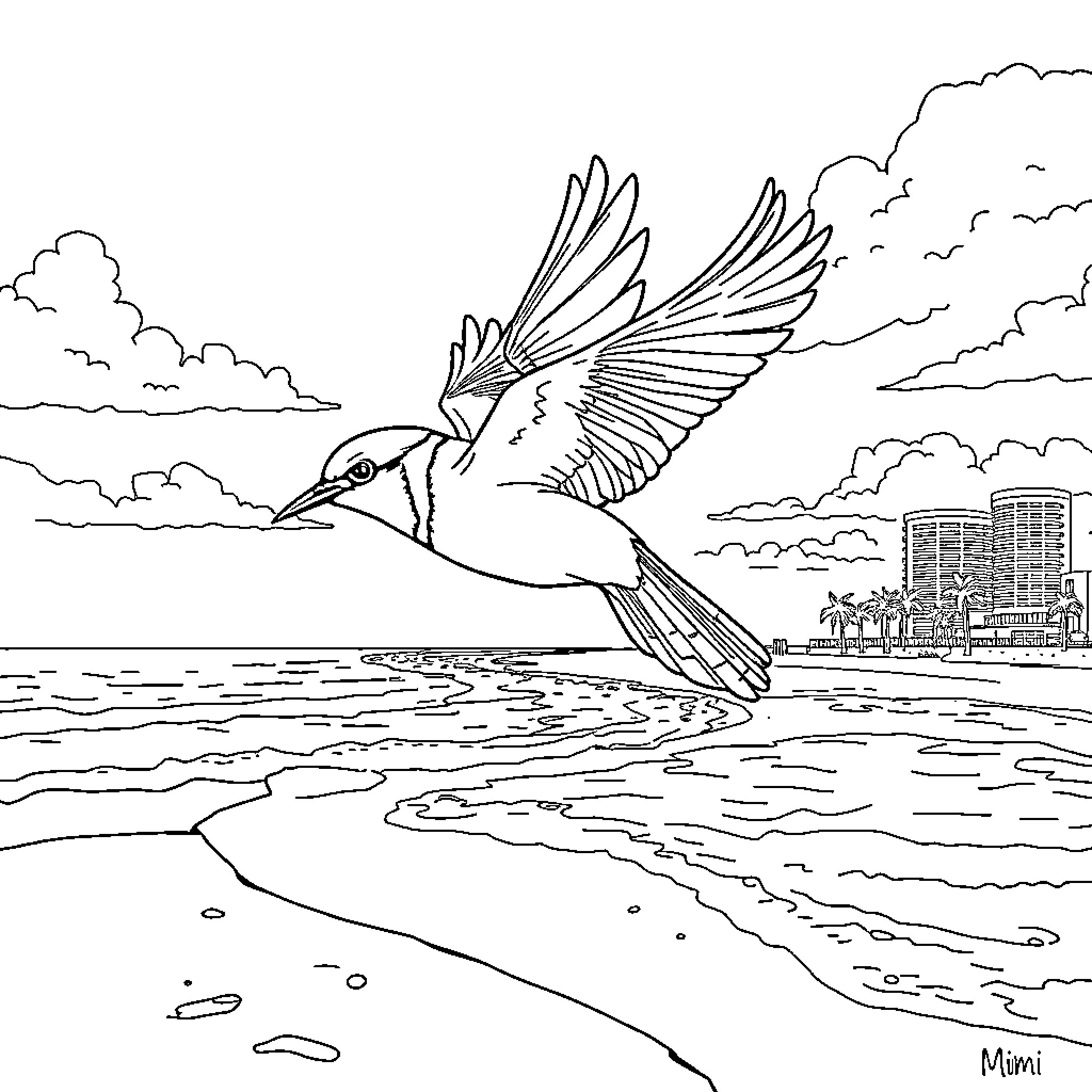 Blue Jay soaring above the ocean Coloring Page (free black-and-white line drawing printable PDF for all, from beginners to advanced learners, including children, teens, adults, and seniors)