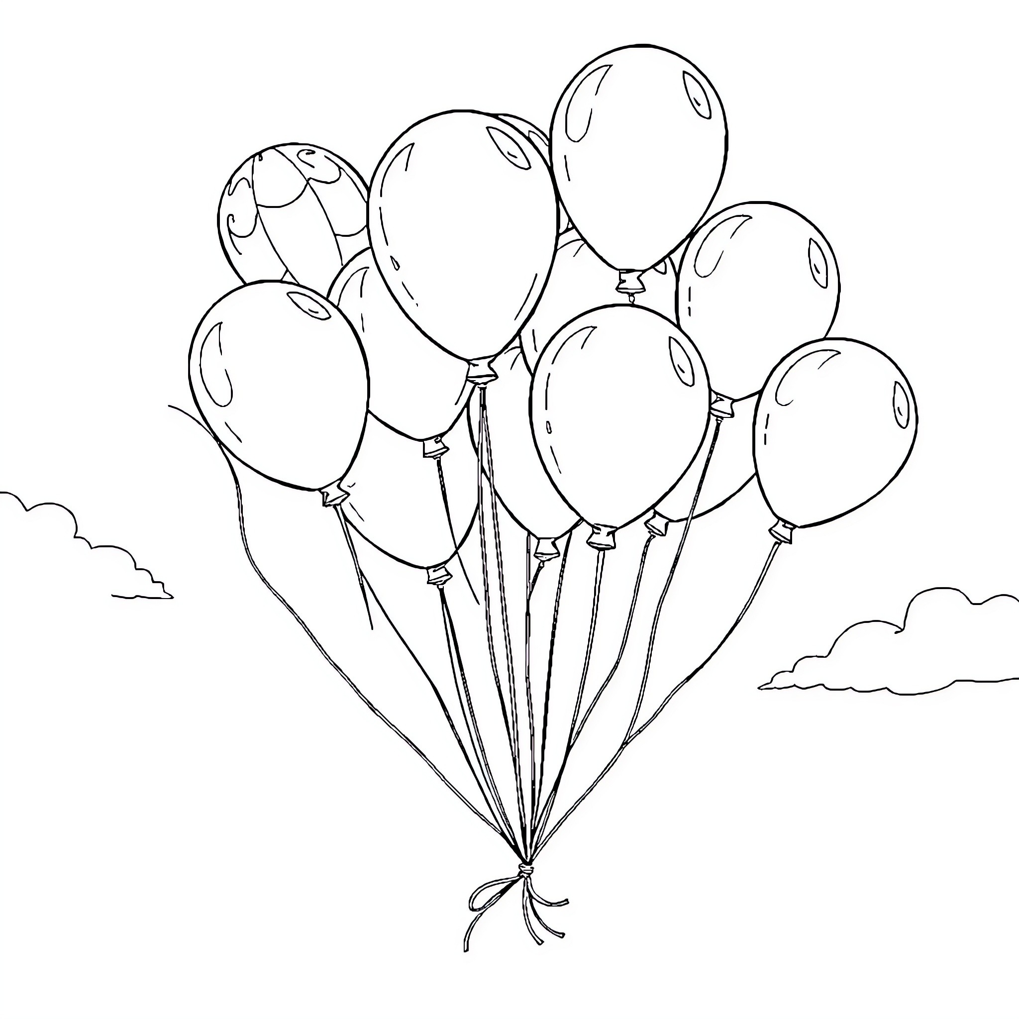 Balloon bouquet floating in the sky Coloring Page (free black-and-white line drawing printable PDF for all, from beginners to advanced learners, including children, teens, adults, and seniors)