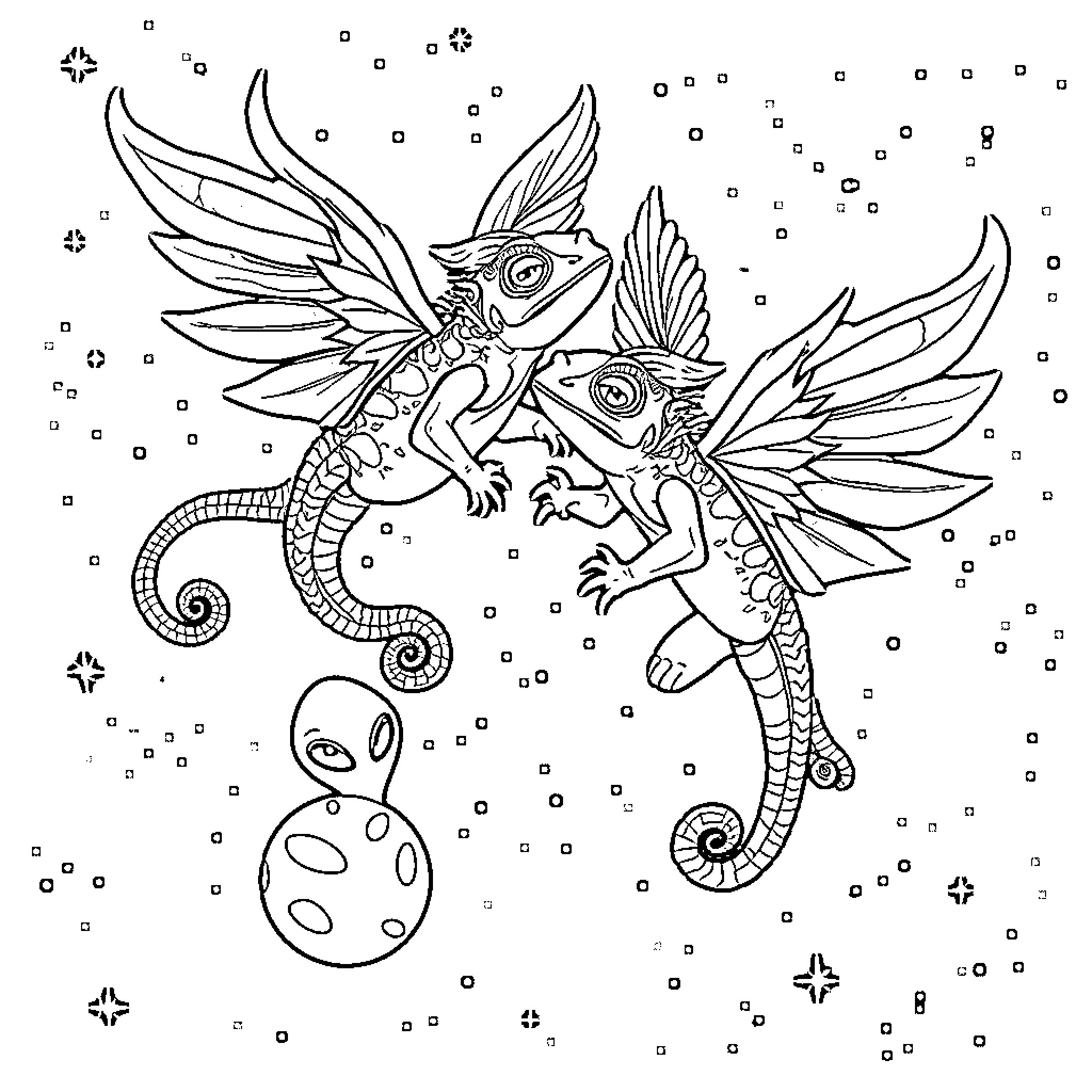 Chameleon-like creatures in a whimsical scene Coloring Page (free black-and-white line drawing printable PDF for all, from beginners to advanced learners, including children, teens, adults, and seniors)