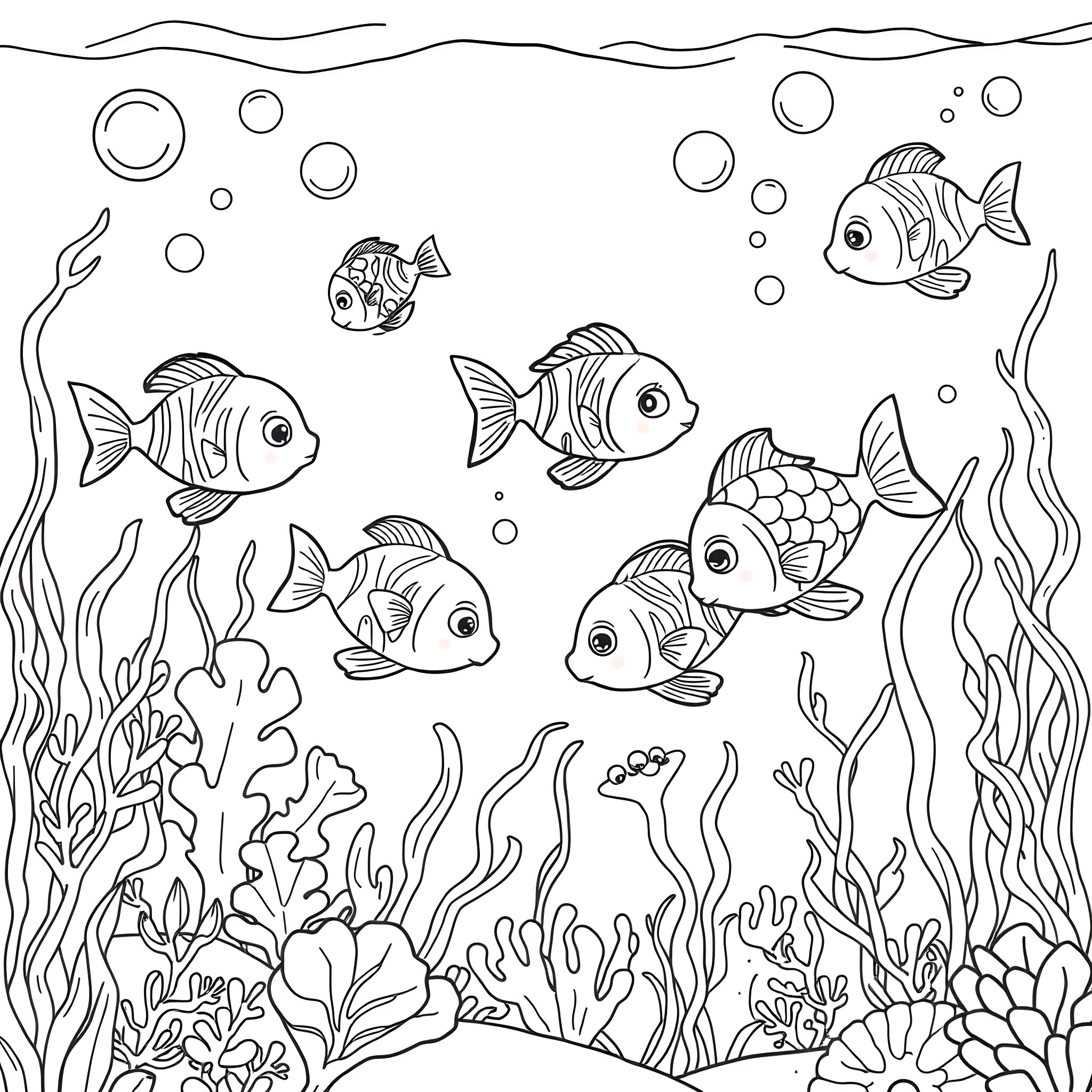 Fish Swimming Playfully in the Underwater Scene Coloring Page (free black-and-white line drawing printable PDF for all, from beginners to advanced learners, including children, teens, adults, and seniors)
