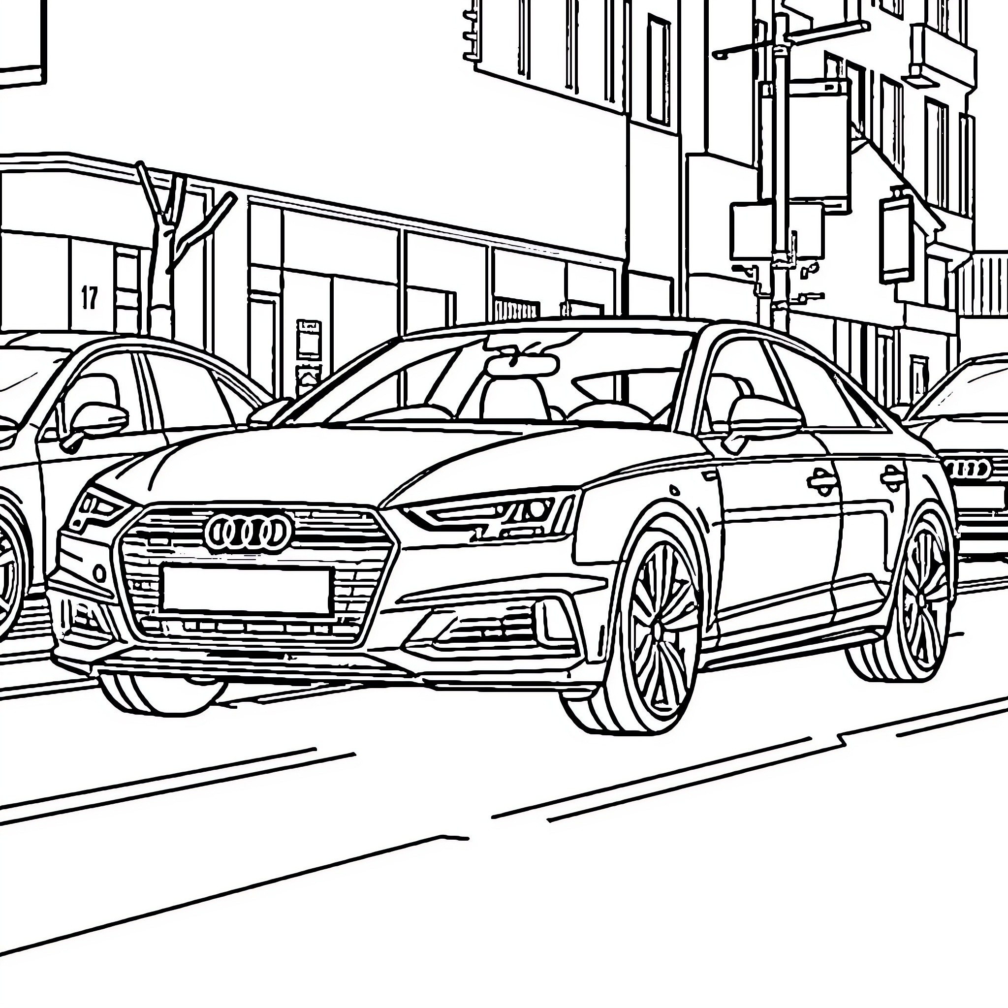 Audi A4 in urban city traffic scene Coloring Page (free black-and-white line drawing printable PDF for all, from beginners to advanced learners, including children, teens, adults, and seniors)