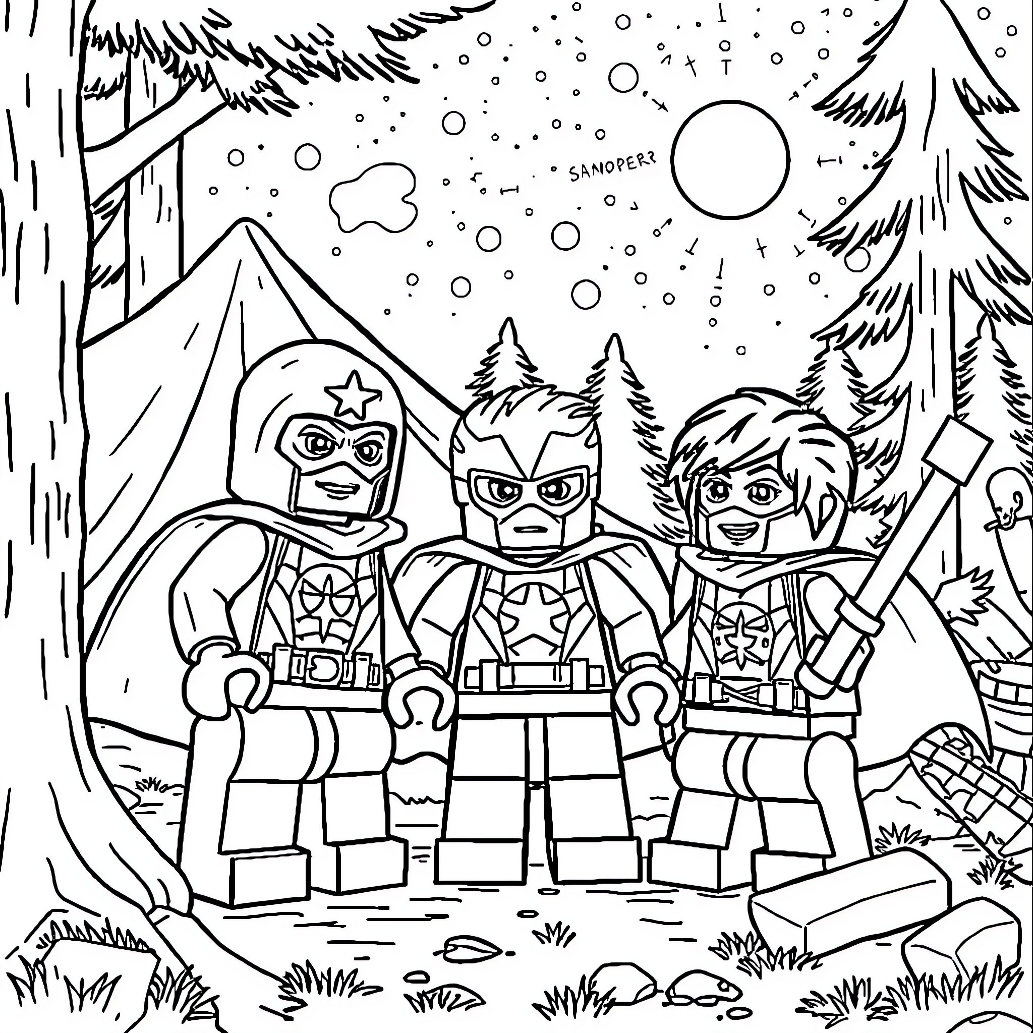 Lego Super Hero Characters in Snowy Forest Scene Coloring Page (free black-and-white line drawing printable PDF for all, from beginners to advanced learners, including children, teens, adults, and seniors)