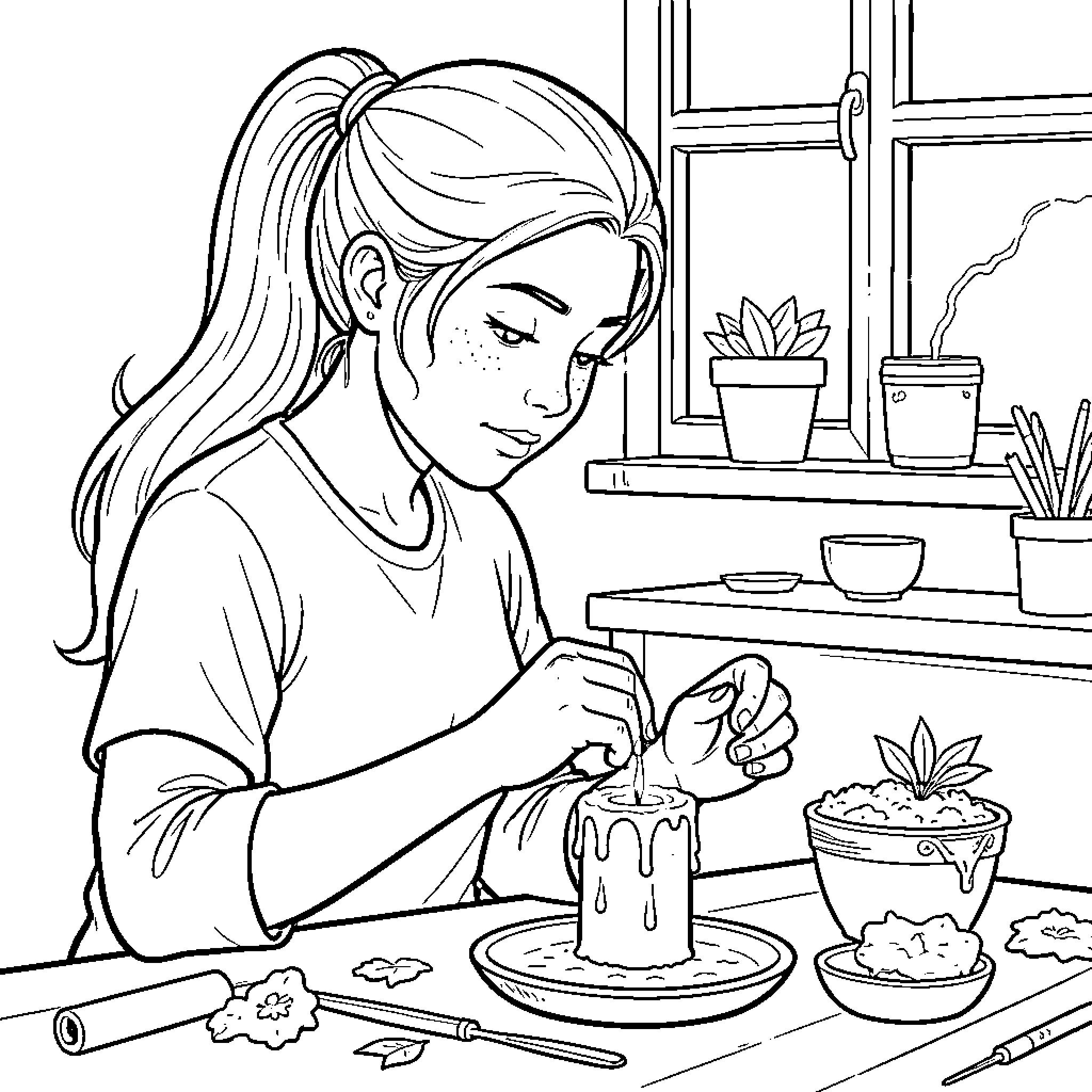 Woman creating art in her home studio Coloring Page (free black-and-white line drawing printable PDF for all, from beginners to advanced learners, including children, teens, adults, and seniors)
