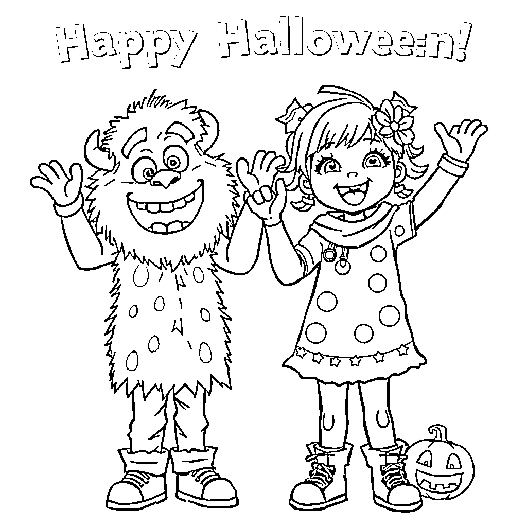 Child celebrates happy Halloween with monster friend Coloring Page (free black-and-white line drawing printable PDF for all, from beginners to advanced learners, including children, teens, adults, and seniors)