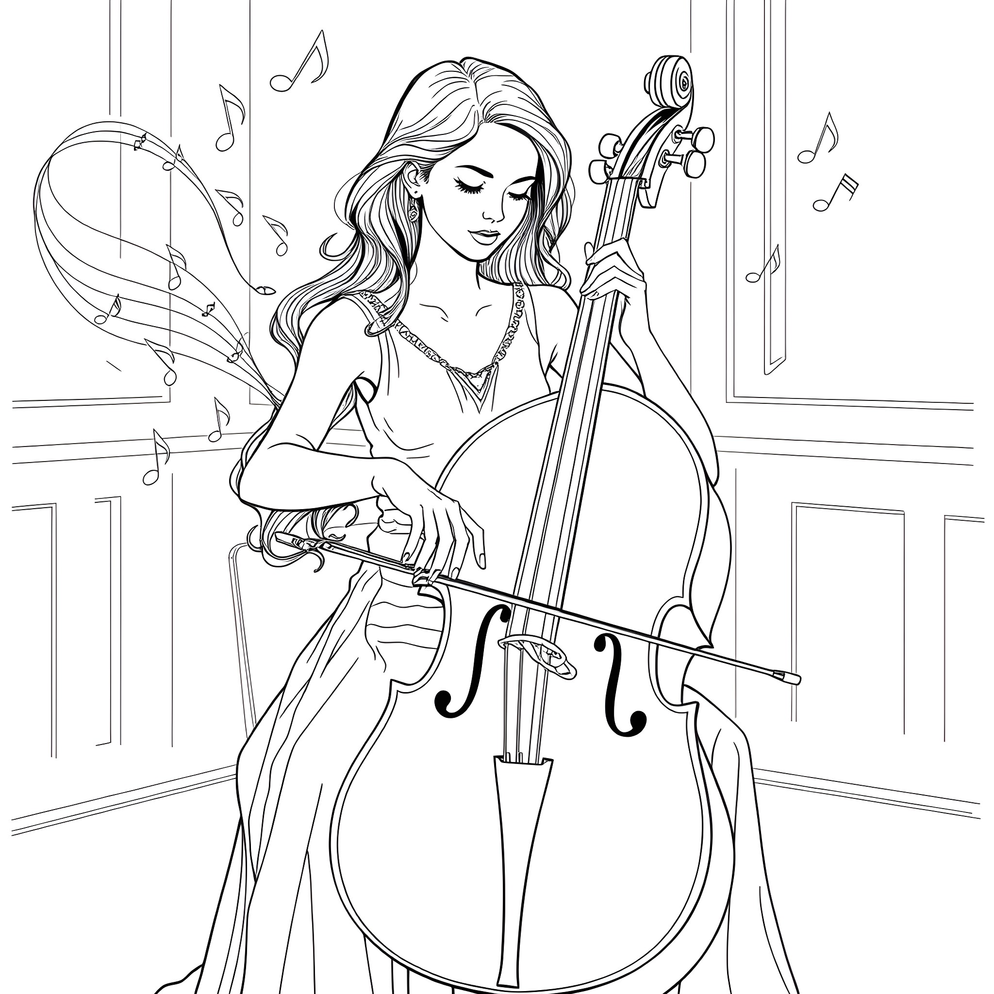 Woman playing cello with musical notes Coloring Page (free black-and-white line drawing printable PDF for all, from beginners to advanced learners, including children, teens, adults, and seniors)