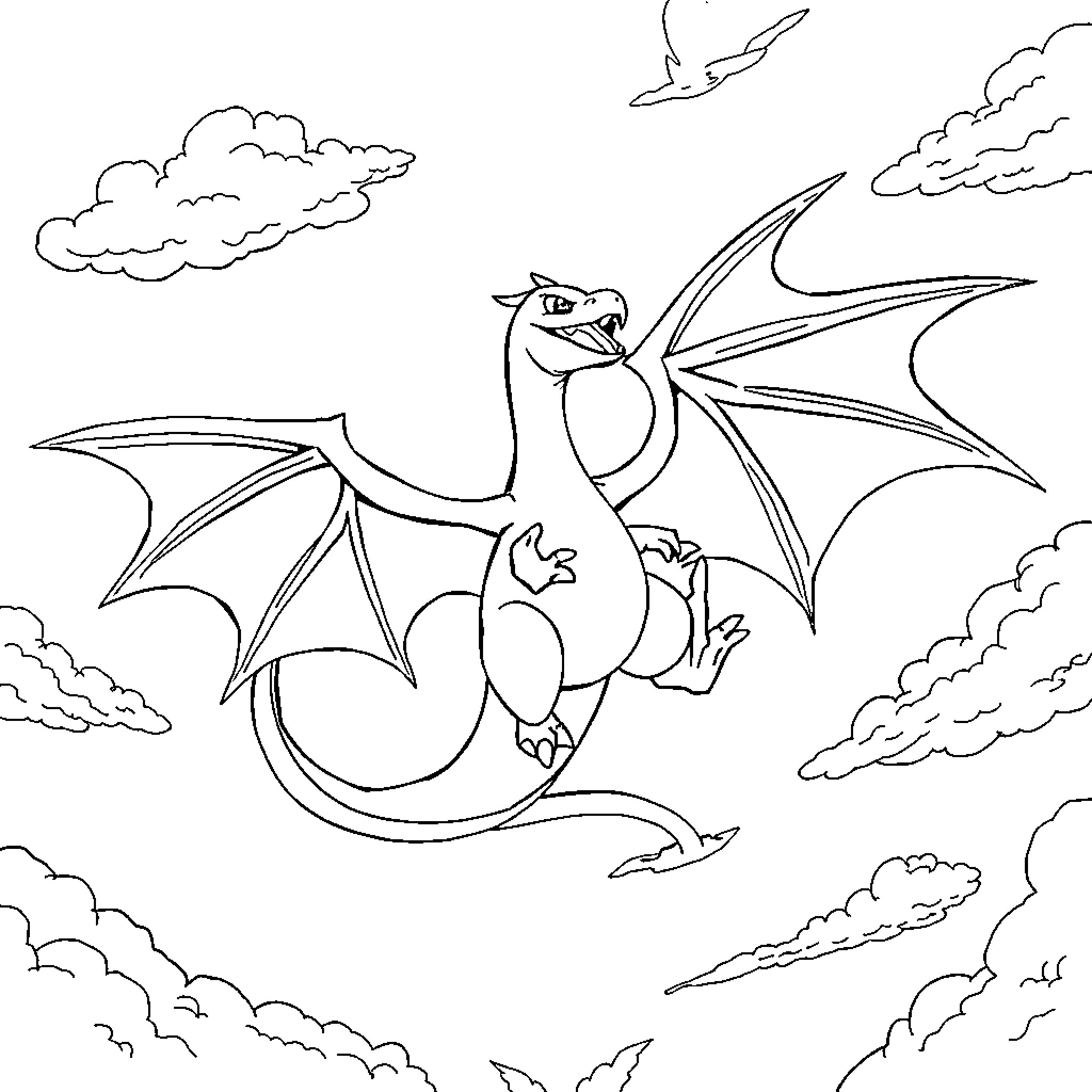 Charizard soaring through the clouds Coloring Page (free black-and-white line drawing printable PDF for all, from beginners to advanced learners, including children, teens, adults, and seniors)