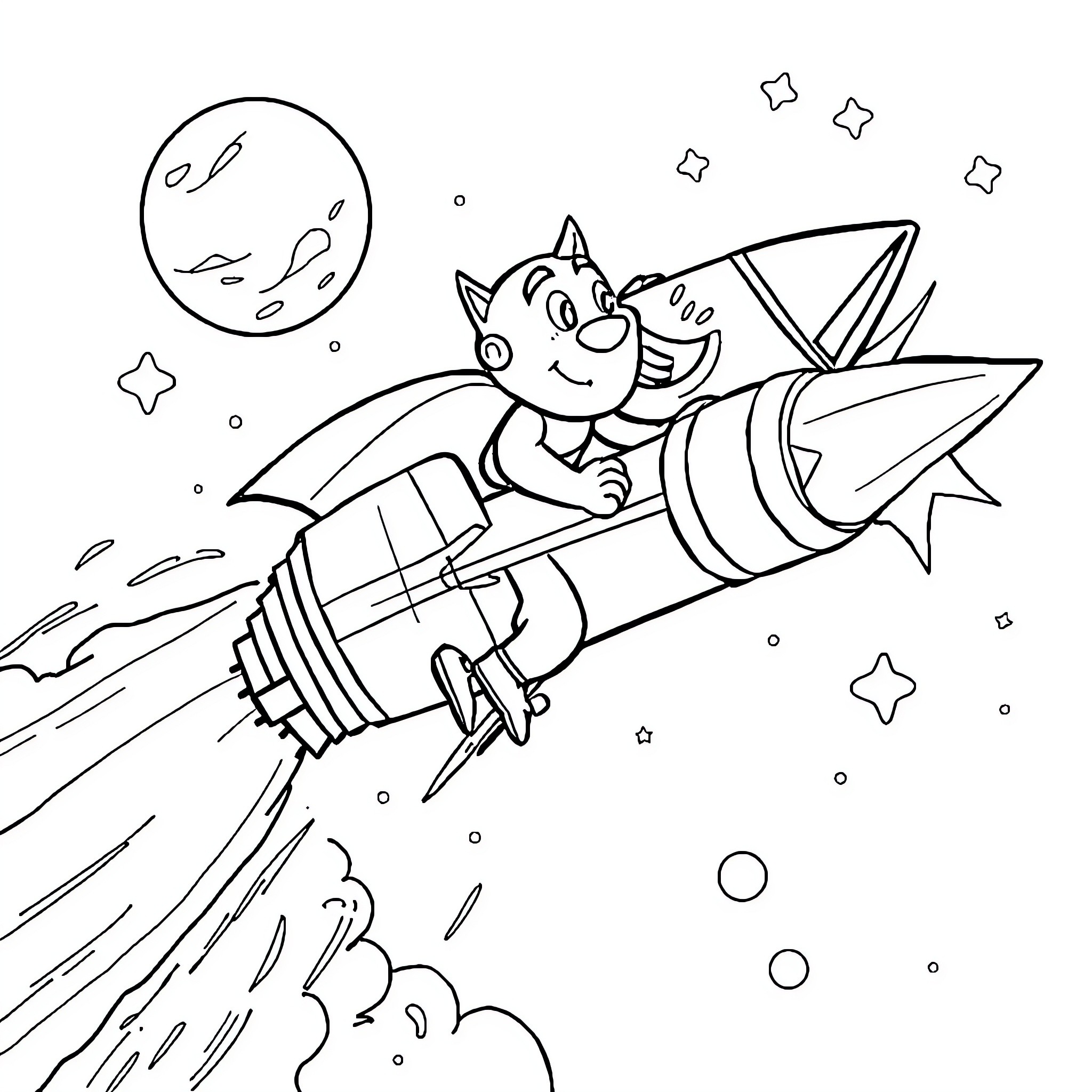 Gringo Bat Riding Rocket to the Stars Coloring Page (free black-and-white line drawing printable PDF for all, from beginners to advanced learners, including children, teens, adults, and seniors)
