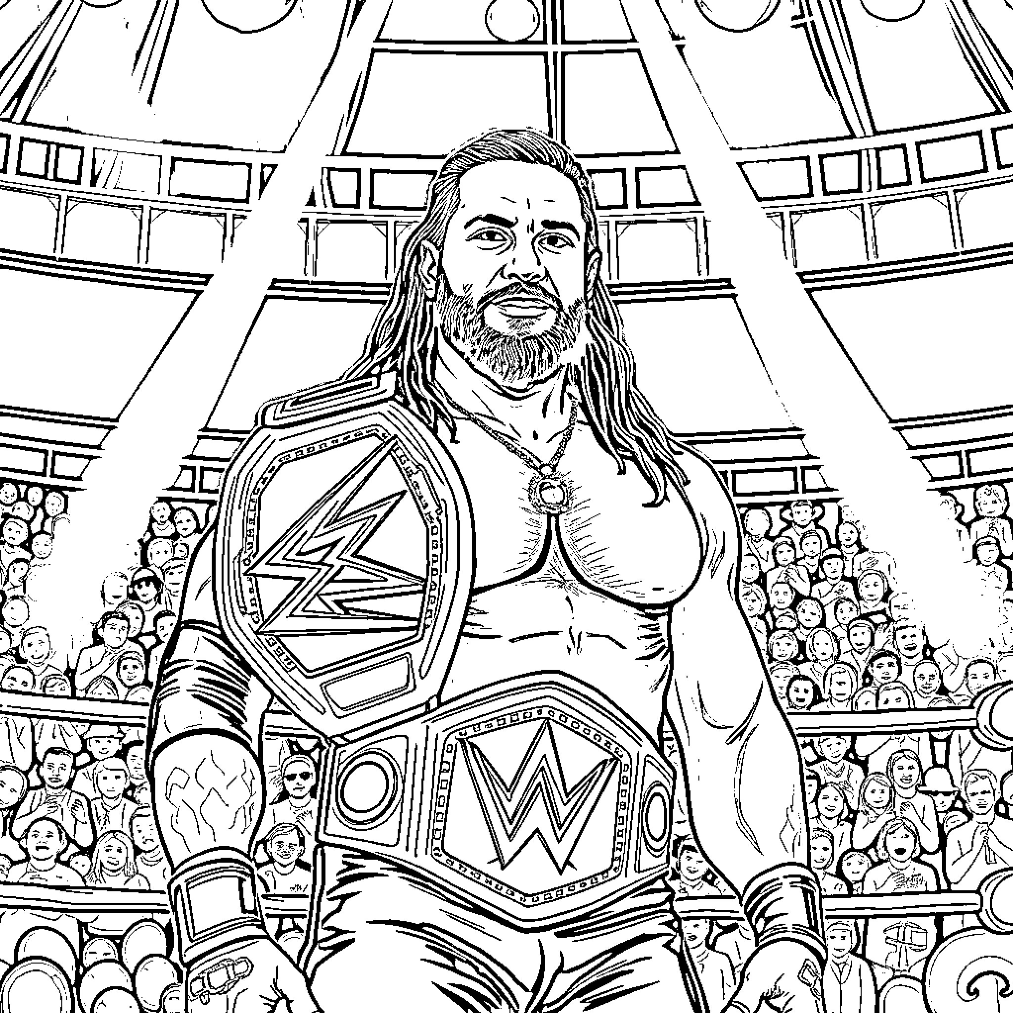 Jey Uso performing in a wrestling match Coloring Page (free black-and-white line drawing printable PDF for all, from beginners to advanced learners, including children, teens, adults, and seniors)