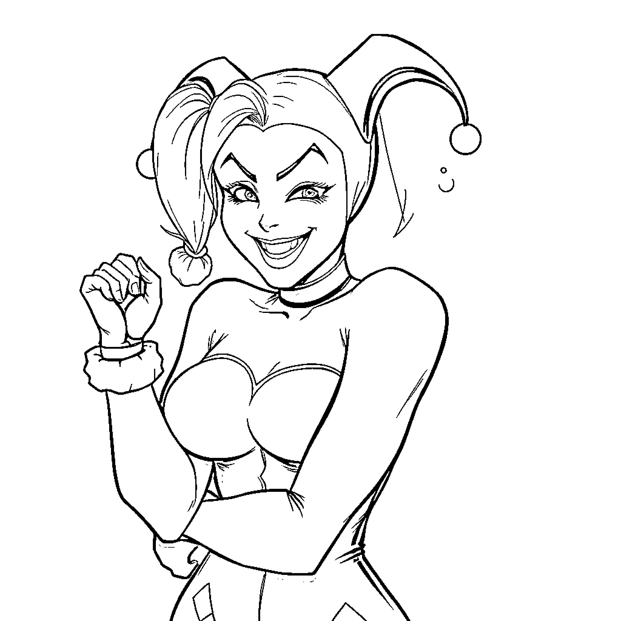 Harley Quinn in a playful and mischievous pose Coloring Page (free black-and-white line drawing printable PDF for all, from beginners to advanced learners, including children, teens, adults, and seniors)