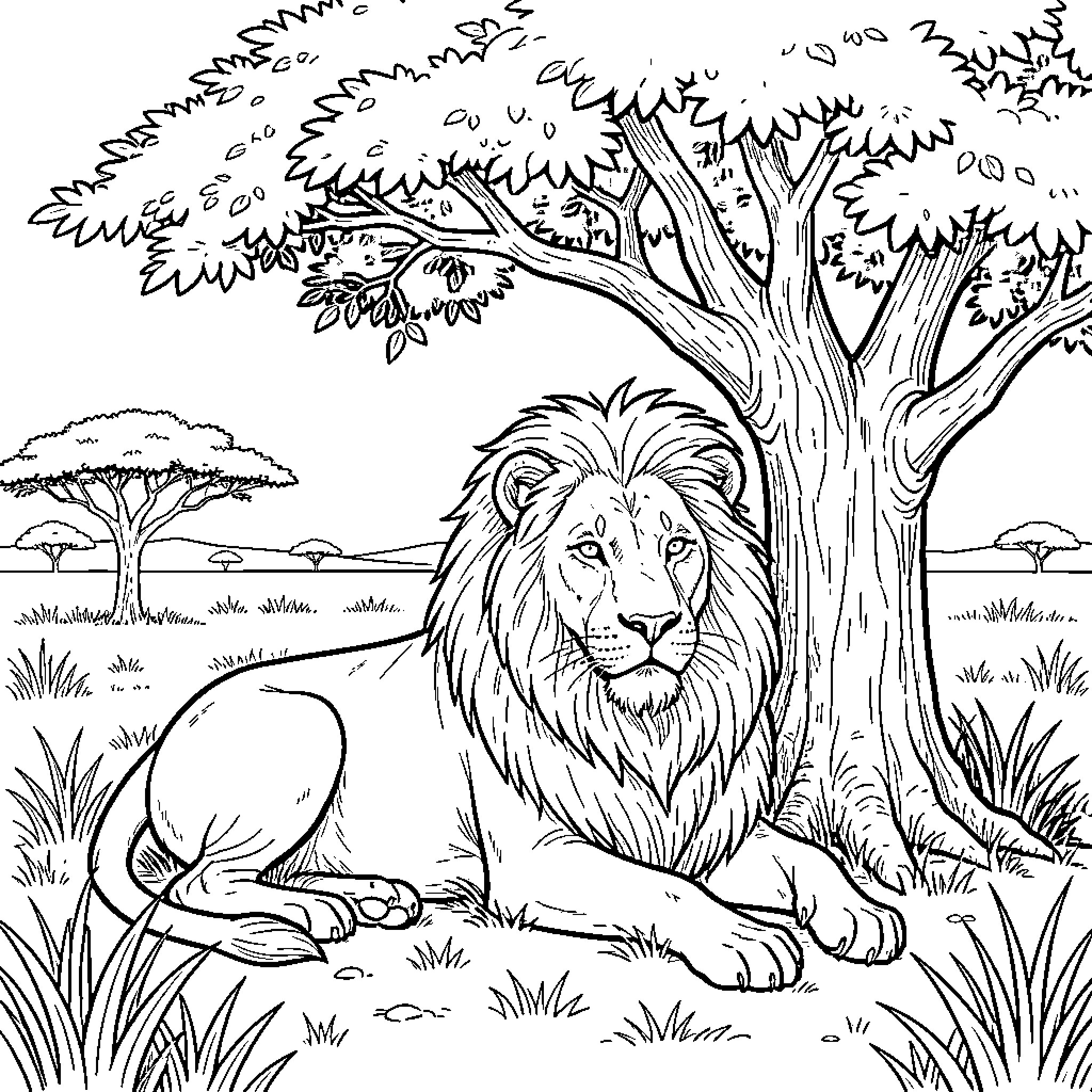 Lion resting in the serene African savanna Coloring Page (free black-and-white line drawing printable PDF for all, from beginners to advanced learners, including children, teens, adults, and seniors)