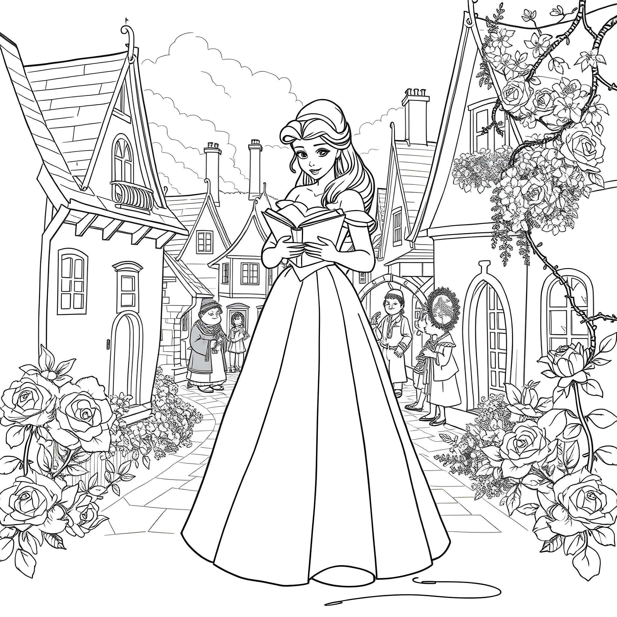 Belle's Enchanting Stroll through the Charming Village Coloring Page (free black-and-white line drawing printable PDF for all, from beginners to advanced learners, including children, teens, adults, and seniors)
