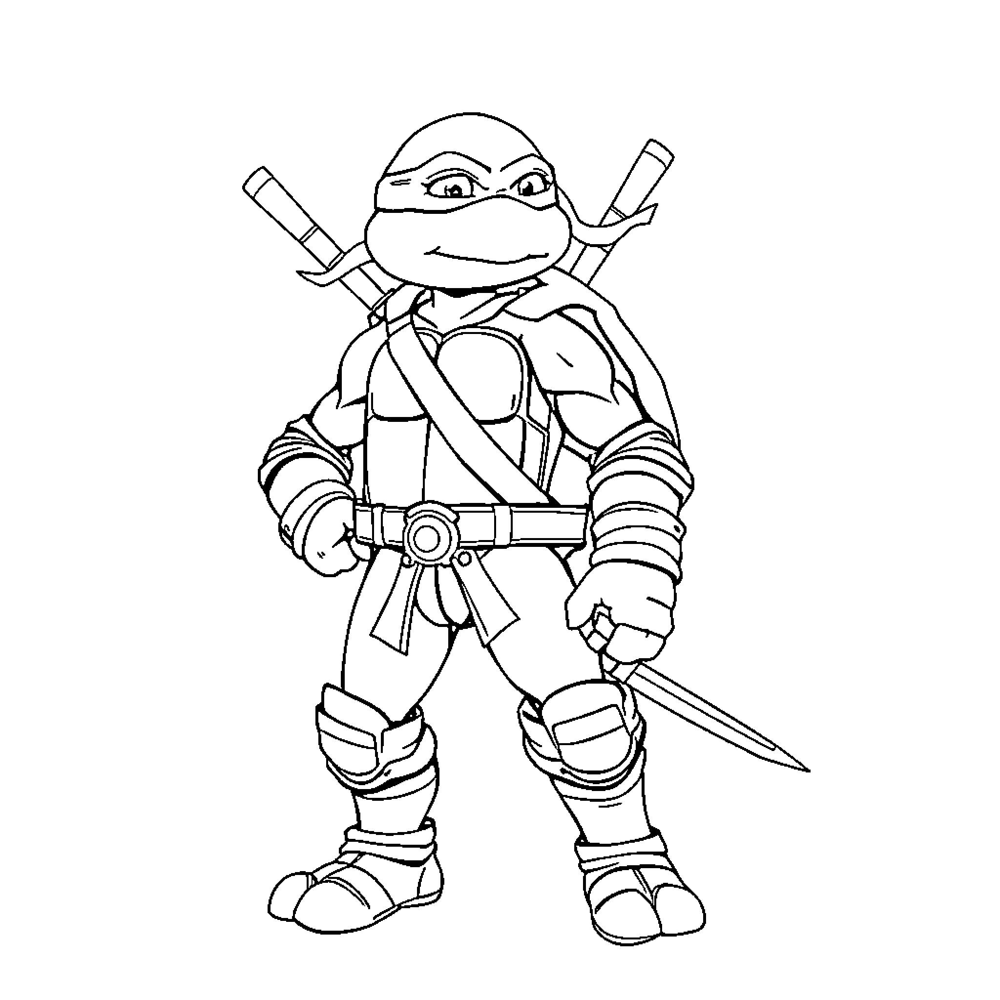 Raphael standing heroically with twin sais Coloring Page (free black-and-white line drawing printable PDF for all, from beginners to advanced learners, including children, teens, adults, and seniors)