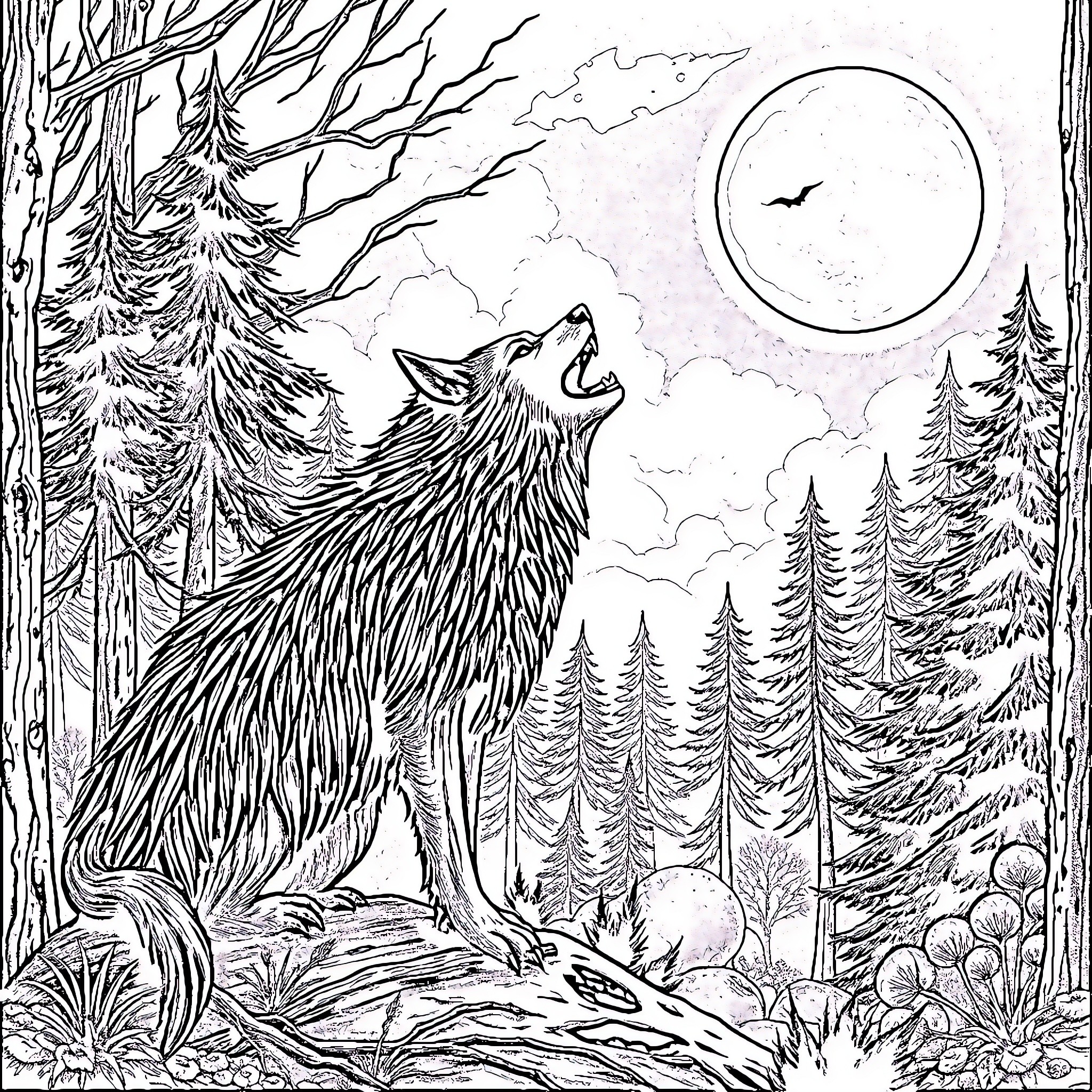 Werewolf howling under the full moon in the forest Coloring Page (free black-and-white line drawing printable PDF for all, from beginners to advanced learners, including children, teens, adults, and seniors)