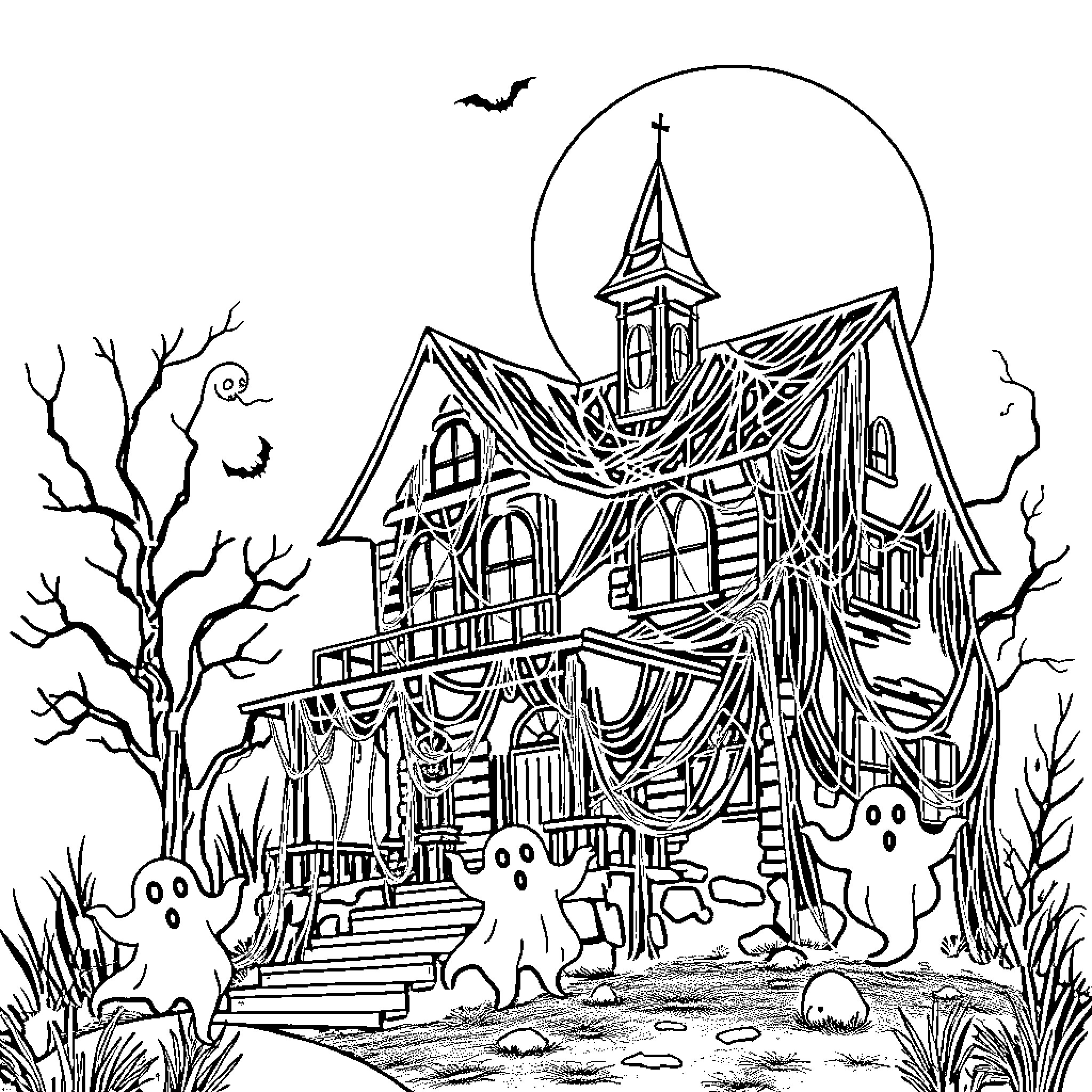 Haunted House with Spooky Decorations and Ghostly Figures Coloring Page (free black-and-white line drawing printable PDF for all, from beginners to advanced learners, including children, teens, adults, and seniors)