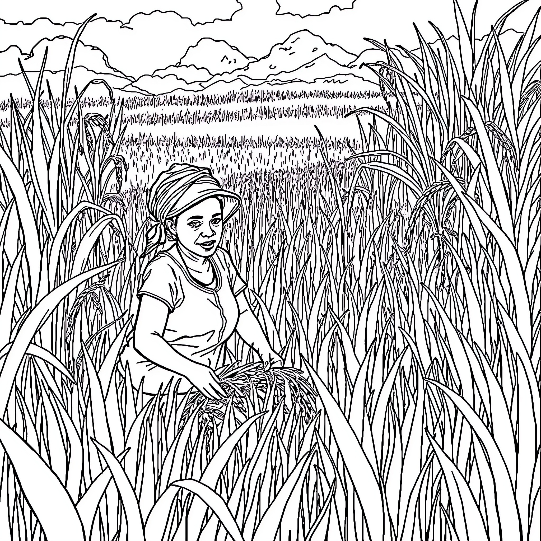 Woman exploring the tall grass field Coloring Page (free black-and-white line drawing printable PDF for all, from beginners to advanced learners, including children, teens, adults, and seniors)