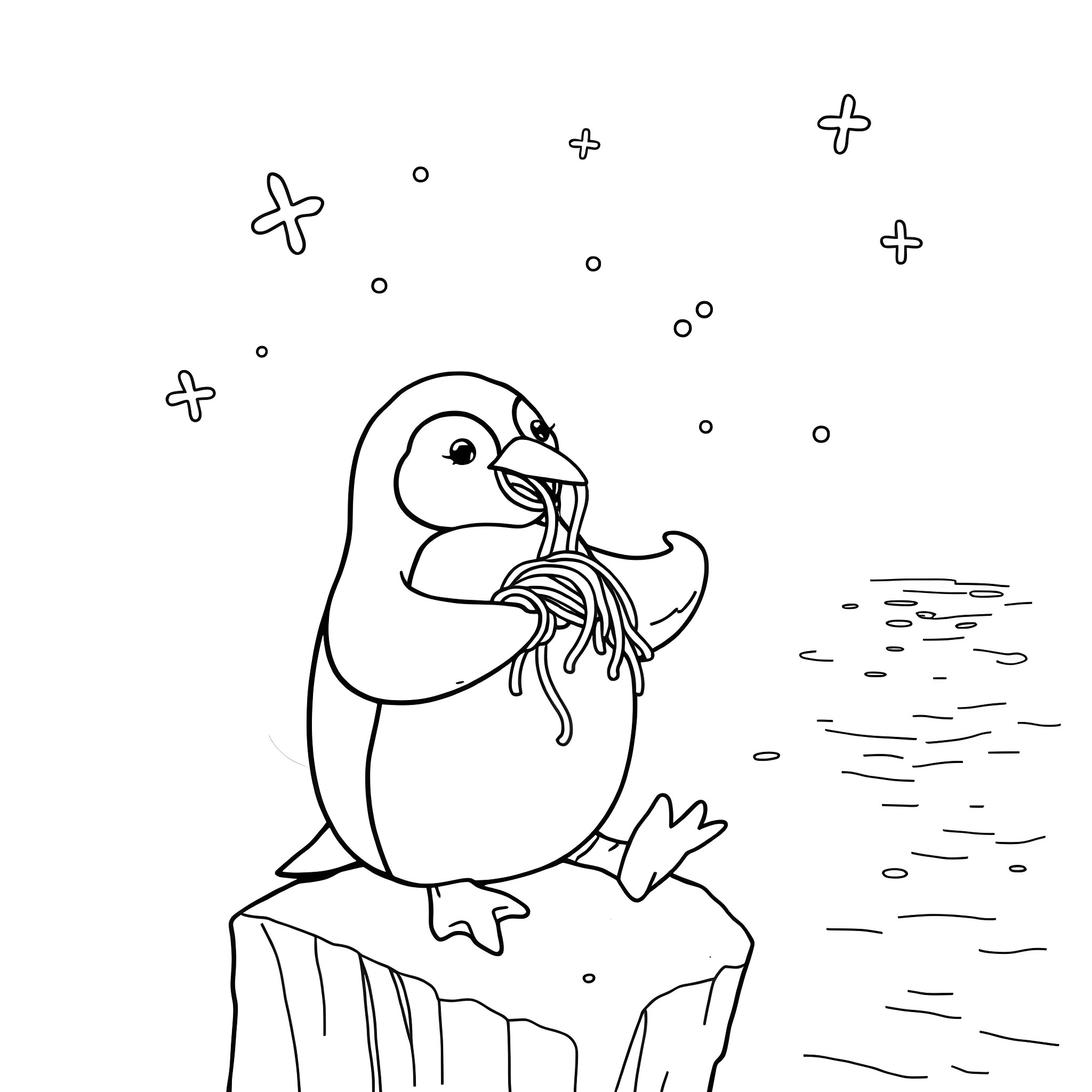 Penguin enjoying a tasty meal on the rocky shore Coloring Page (free black-and-white line drawing printable PDF for all, from beginners to advanced learners, including children, teens, adults, and seniors)