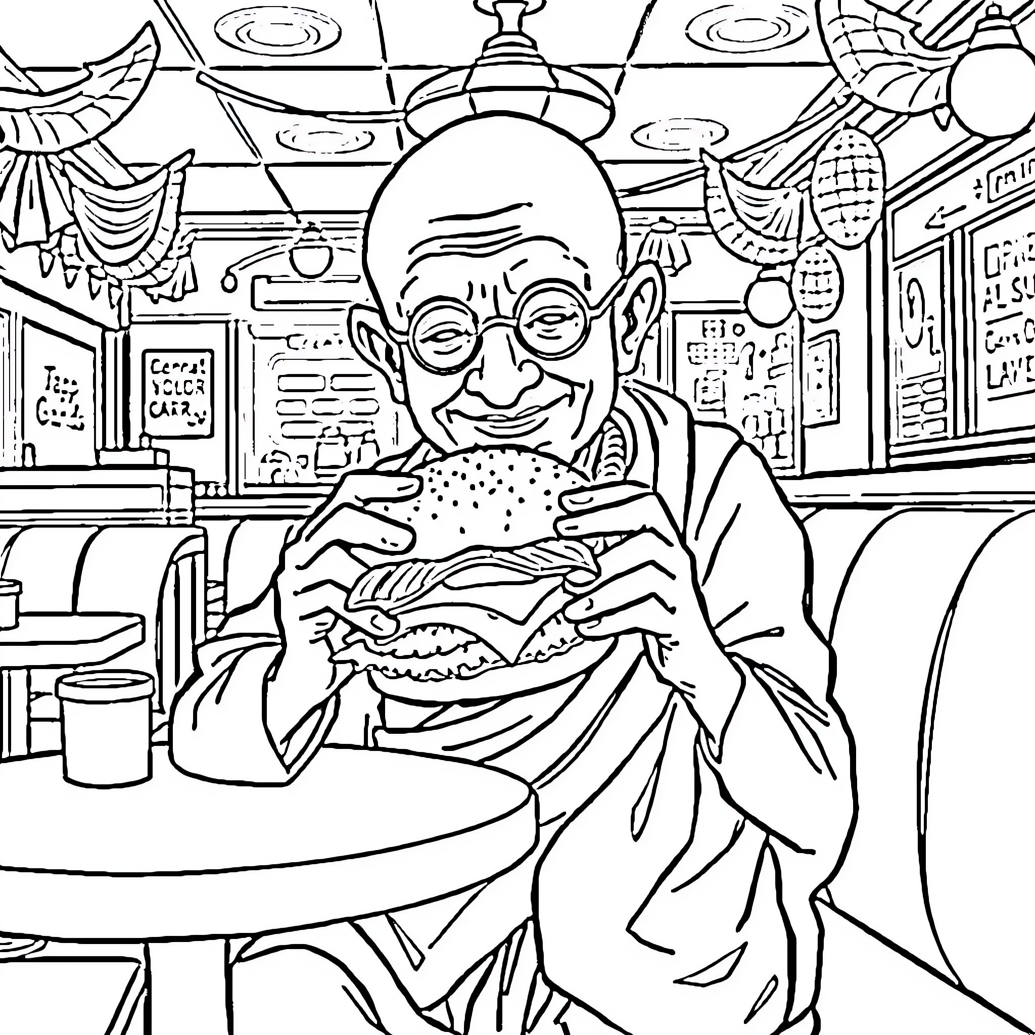 Gandhi enjoying a simple meal in a lively cafe Coloring Page (free black-and-white line drawing printable PDF for all, from beginners to advanced learners, including children, teens, adults, and seniors)